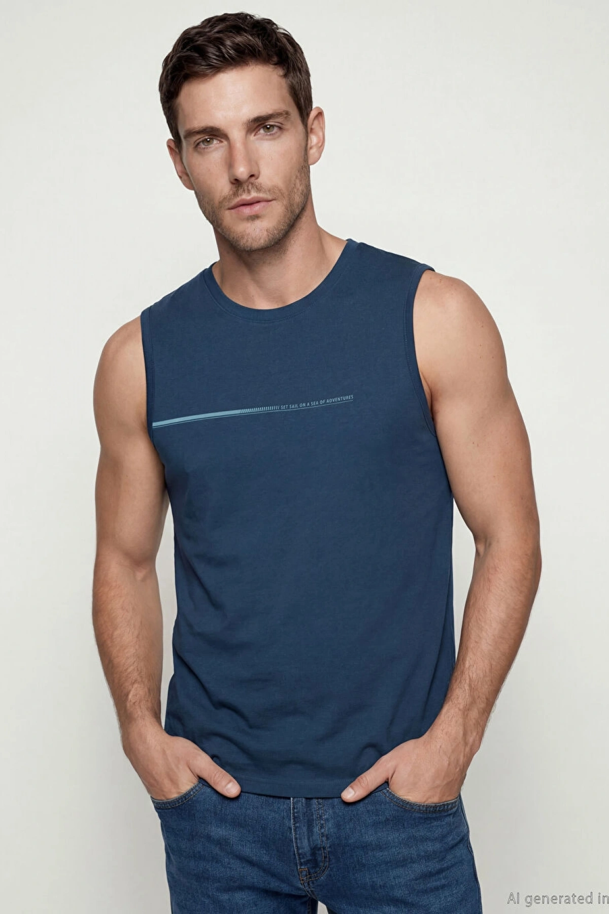 LCWAIKIKI Classic Lacivert Bisiklet Yaka Baskılı Erkek Kolsuz Tişört