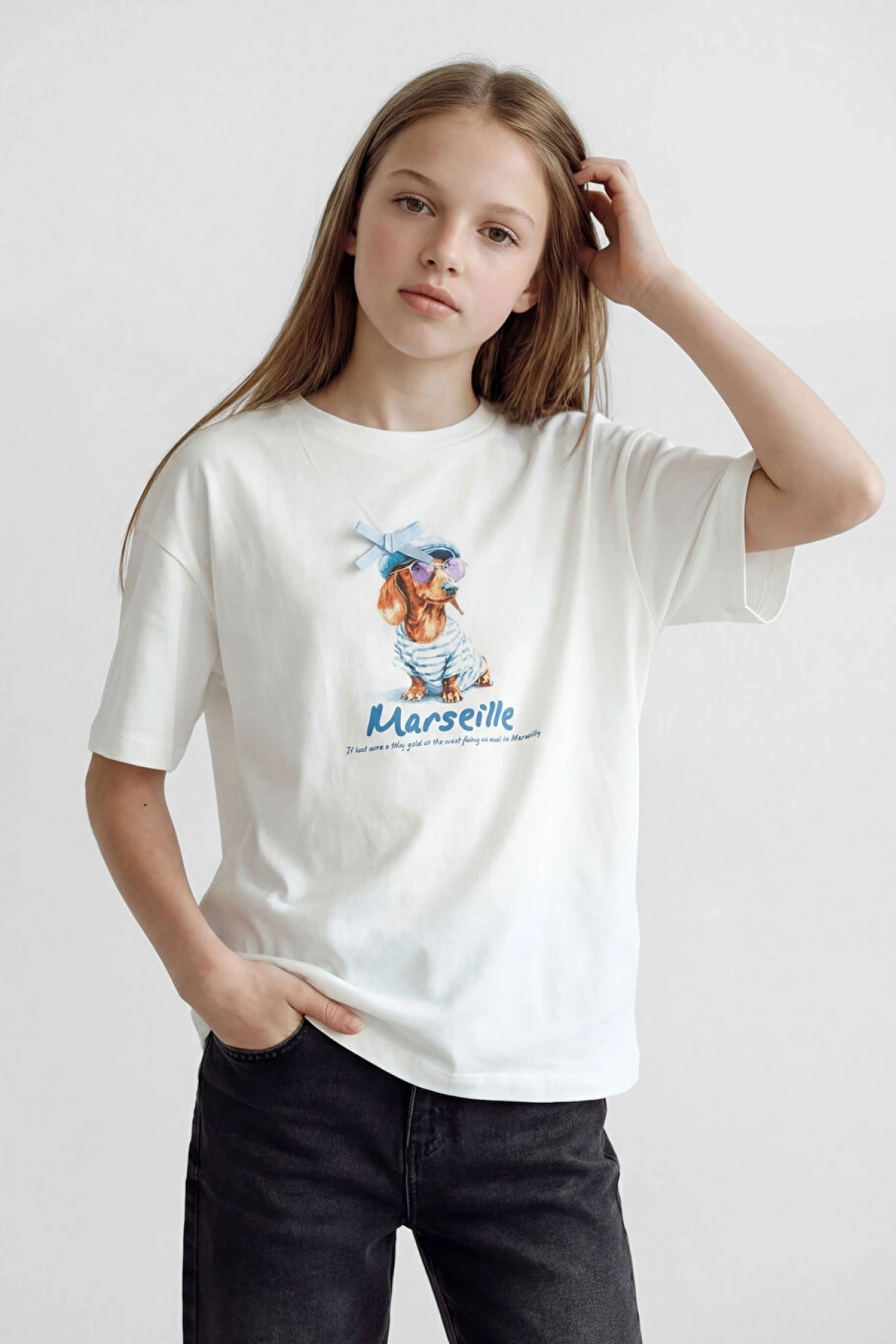 LCW Kids Ekru Bisiklet Yaka Baskılı Kız Çocuk Tişört