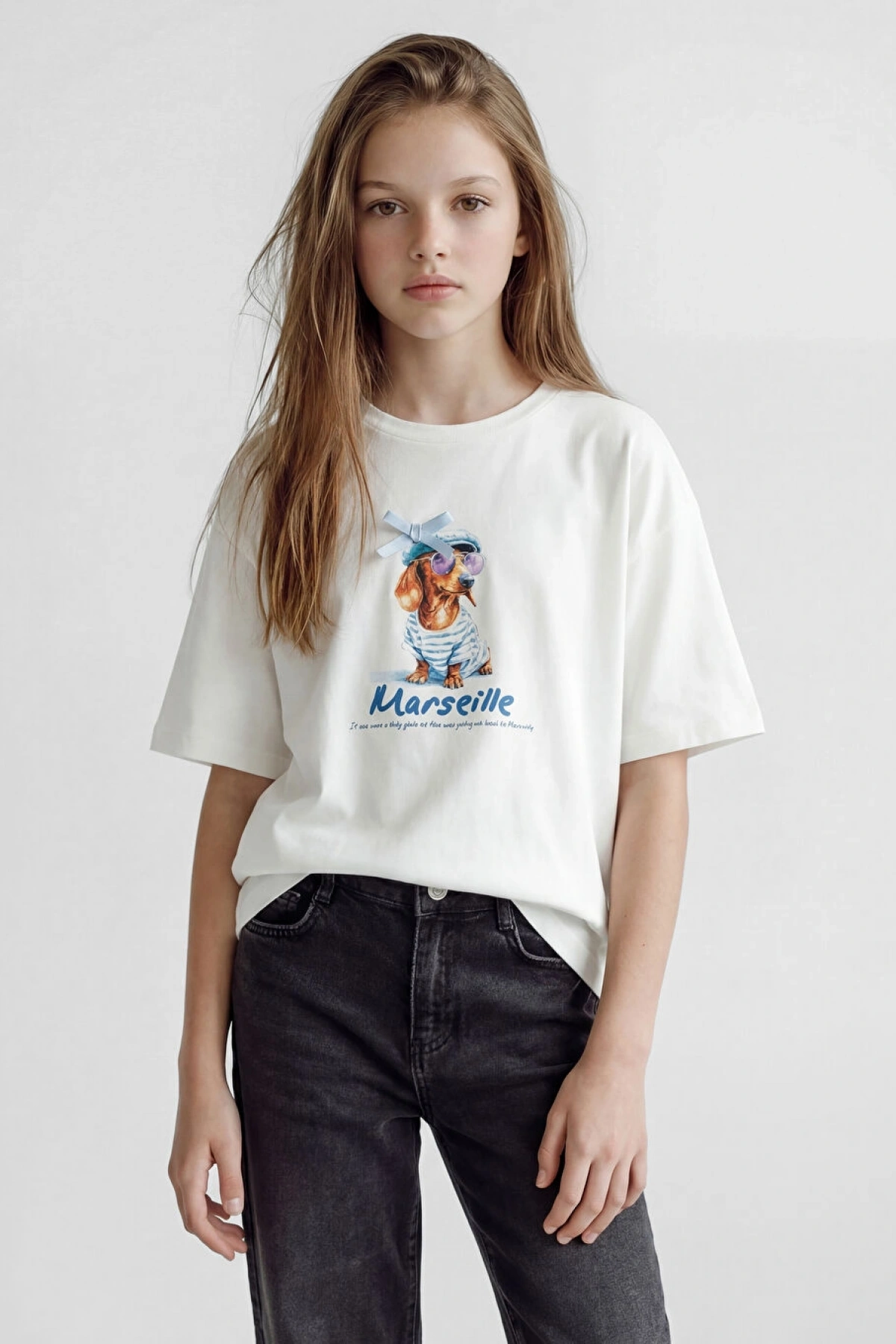 LCW Kids Ekru Bisiklet Yaka Baskılı Kız Çocuk Tişört