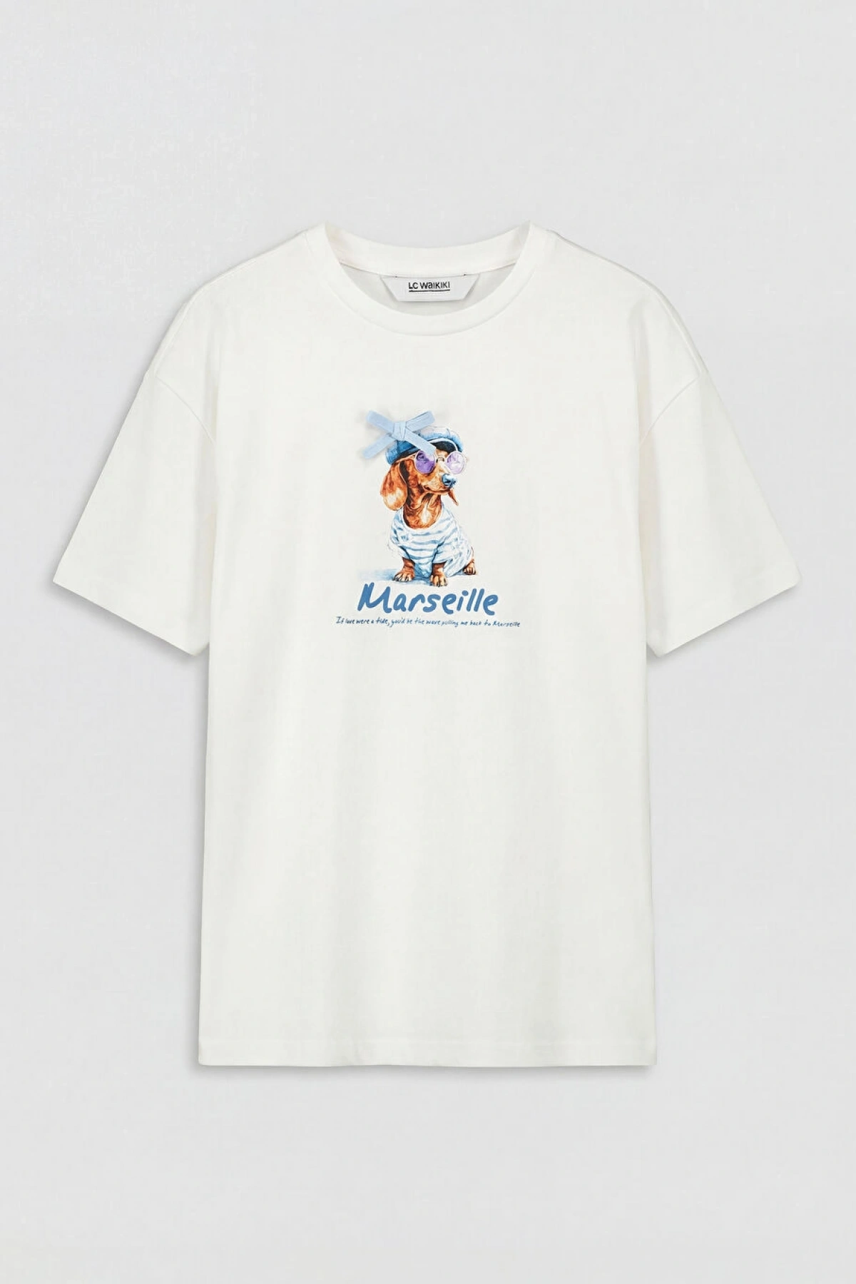 LCW Kids Ekru Bisiklet Yaka Baskılı Kız Çocuk Tişört