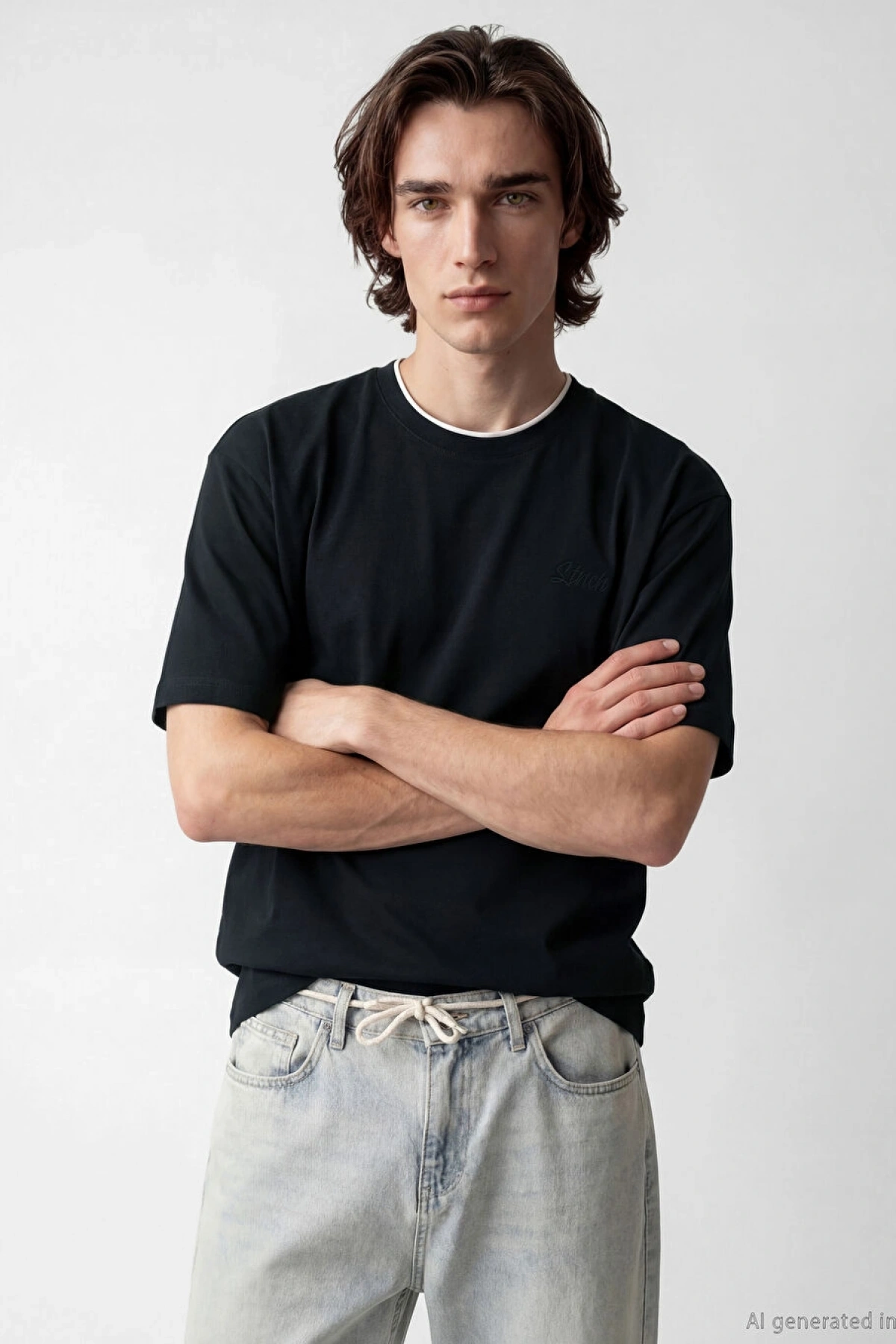 XSIDE Siyah Bisiklet Yaka Nakışlı Erkek Tişört