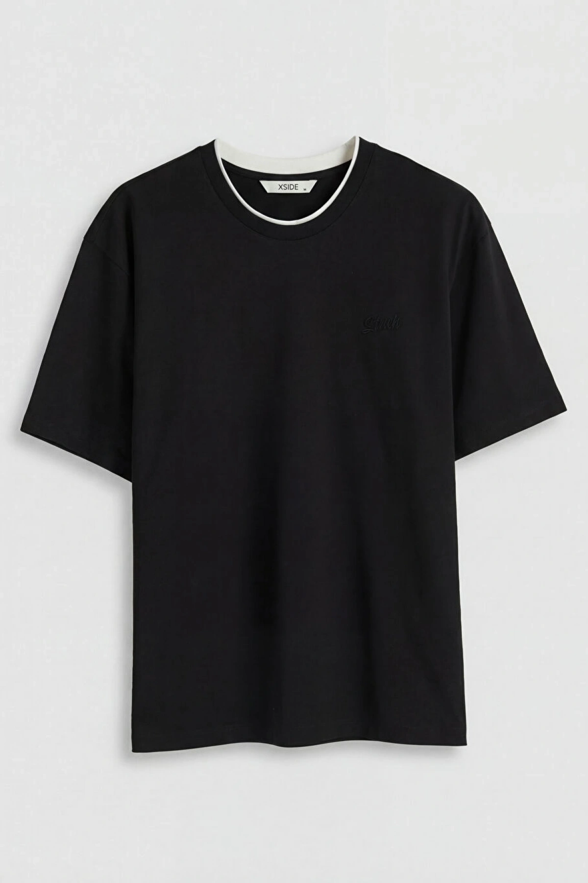 XSIDE Siyah Bisiklet Yaka Nakışlı Erkek Tişört