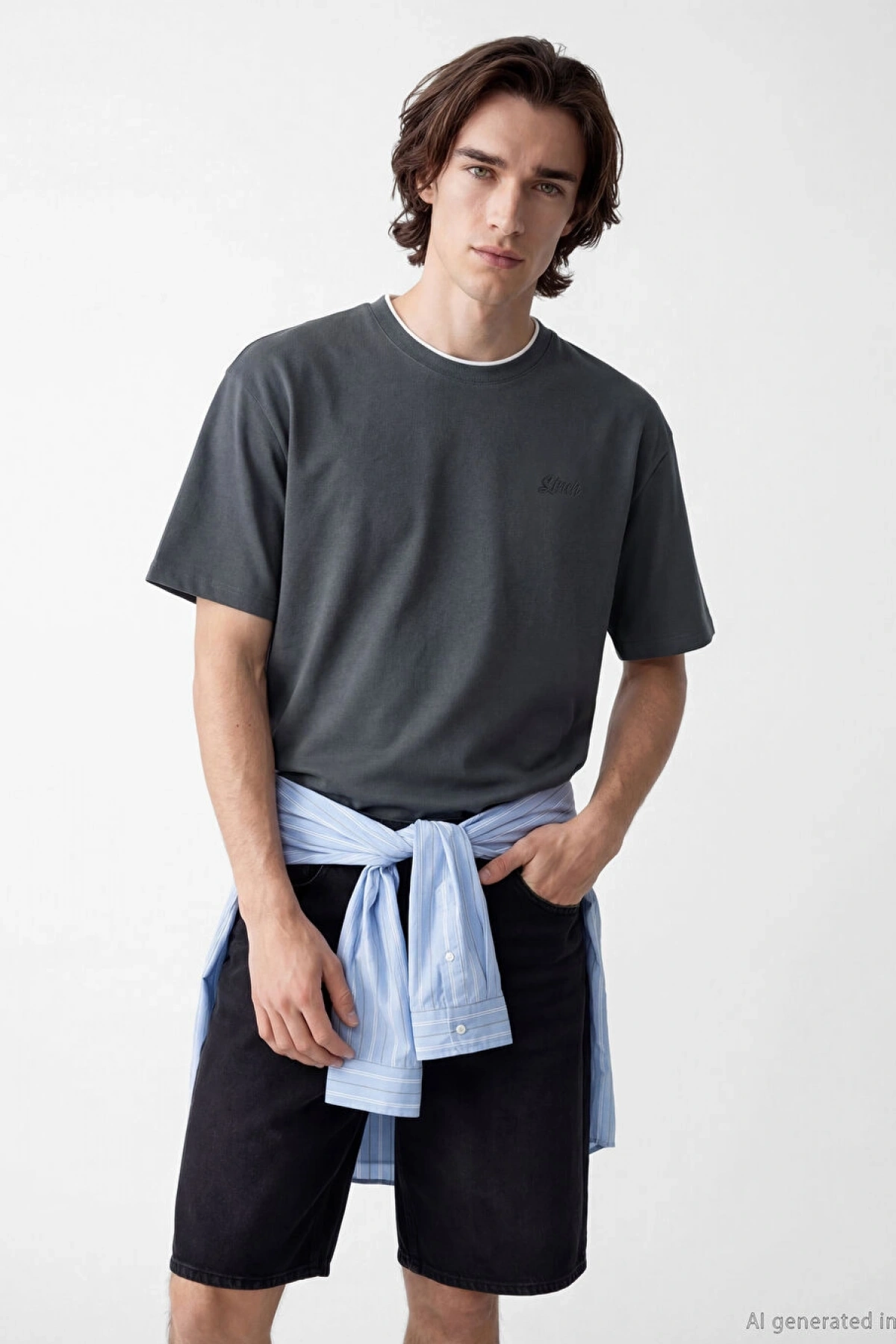 XSIDE Antrasit Bisiklet Yaka Nakışlı Erkek Tişört