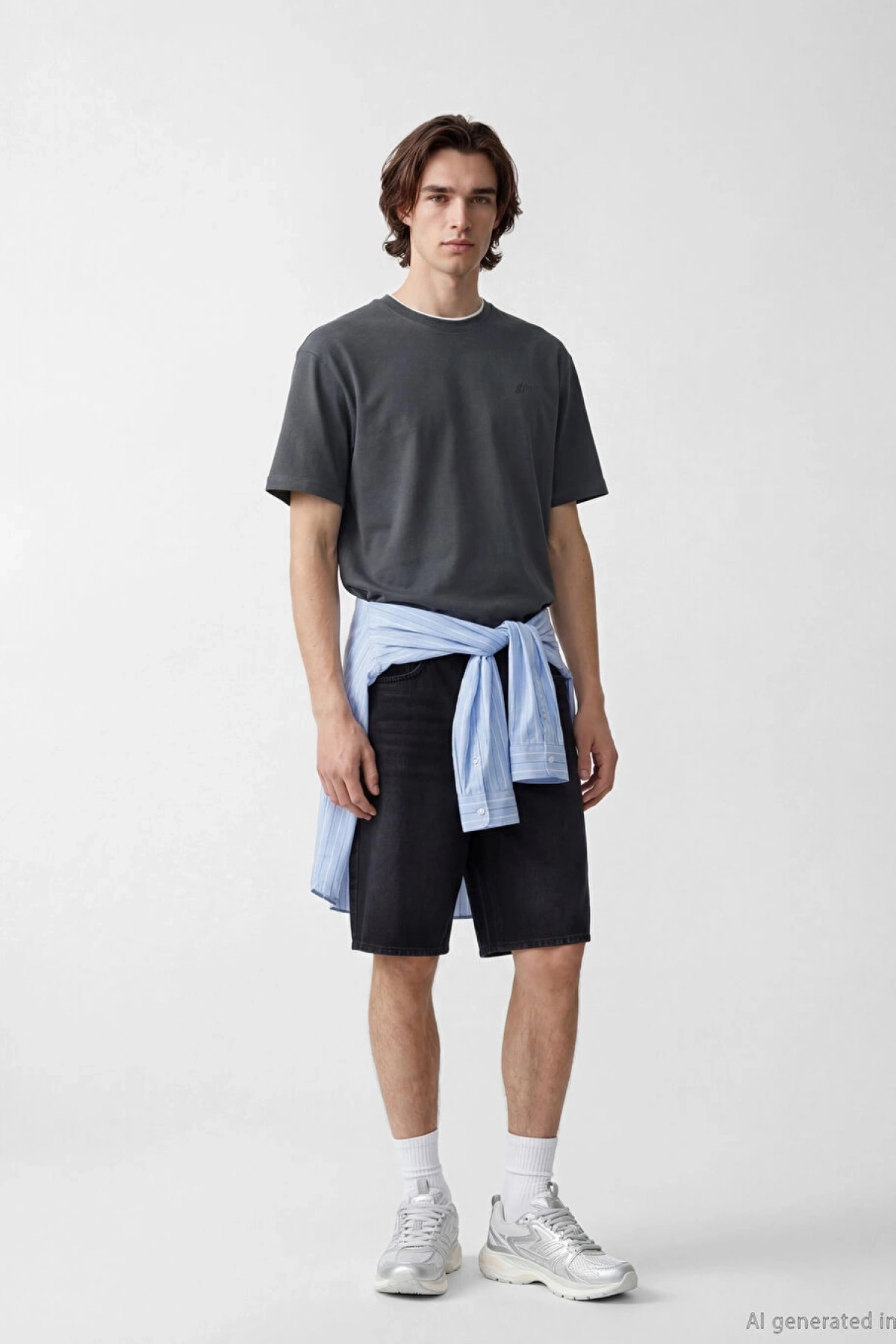 XSIDE Antrasit Bisiklet Yaka Nakışlı Erkek Tişört