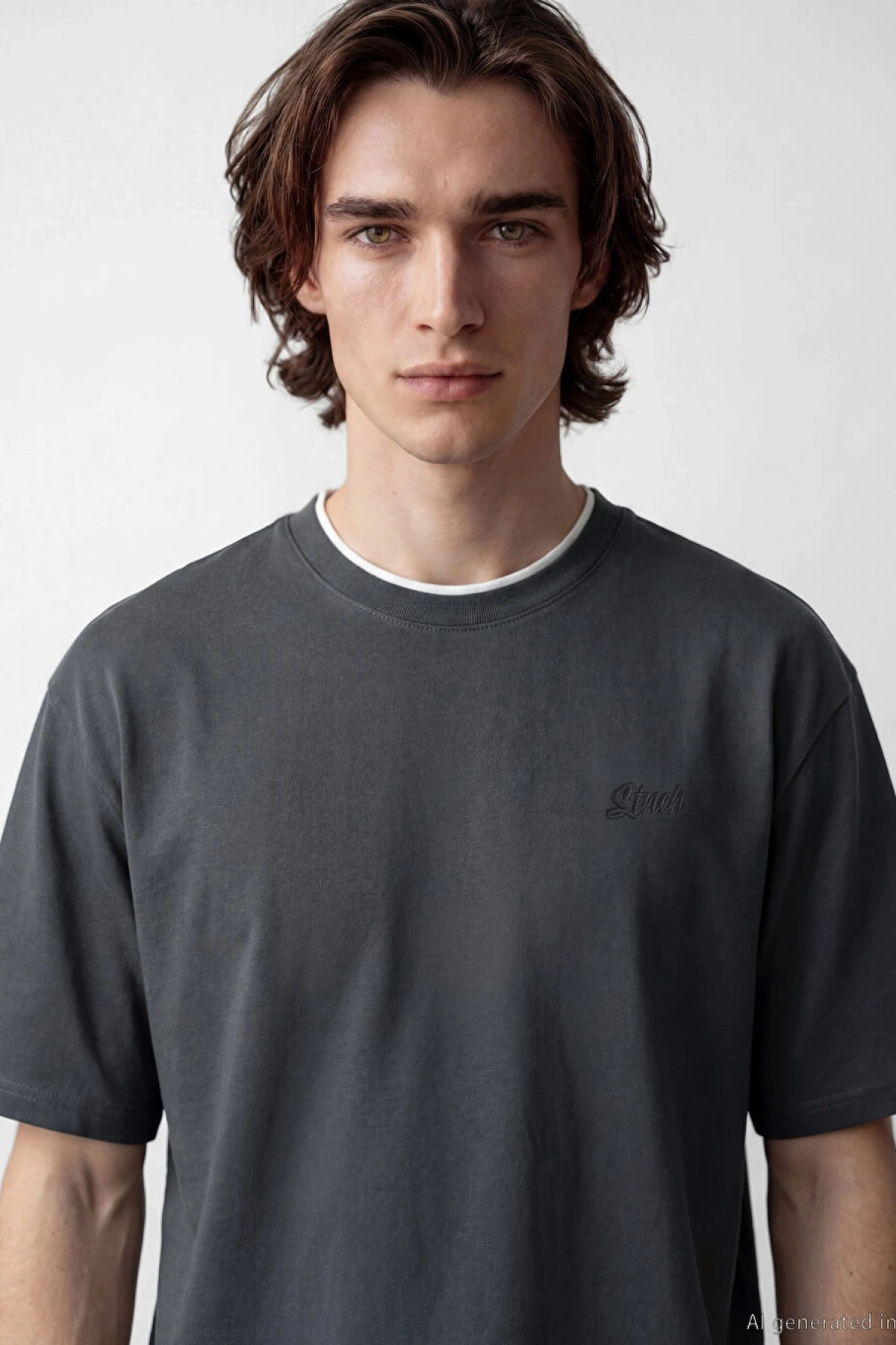 XSIDE Antrasit Bisiklet Yaka Nakışlı Erkek Tişört