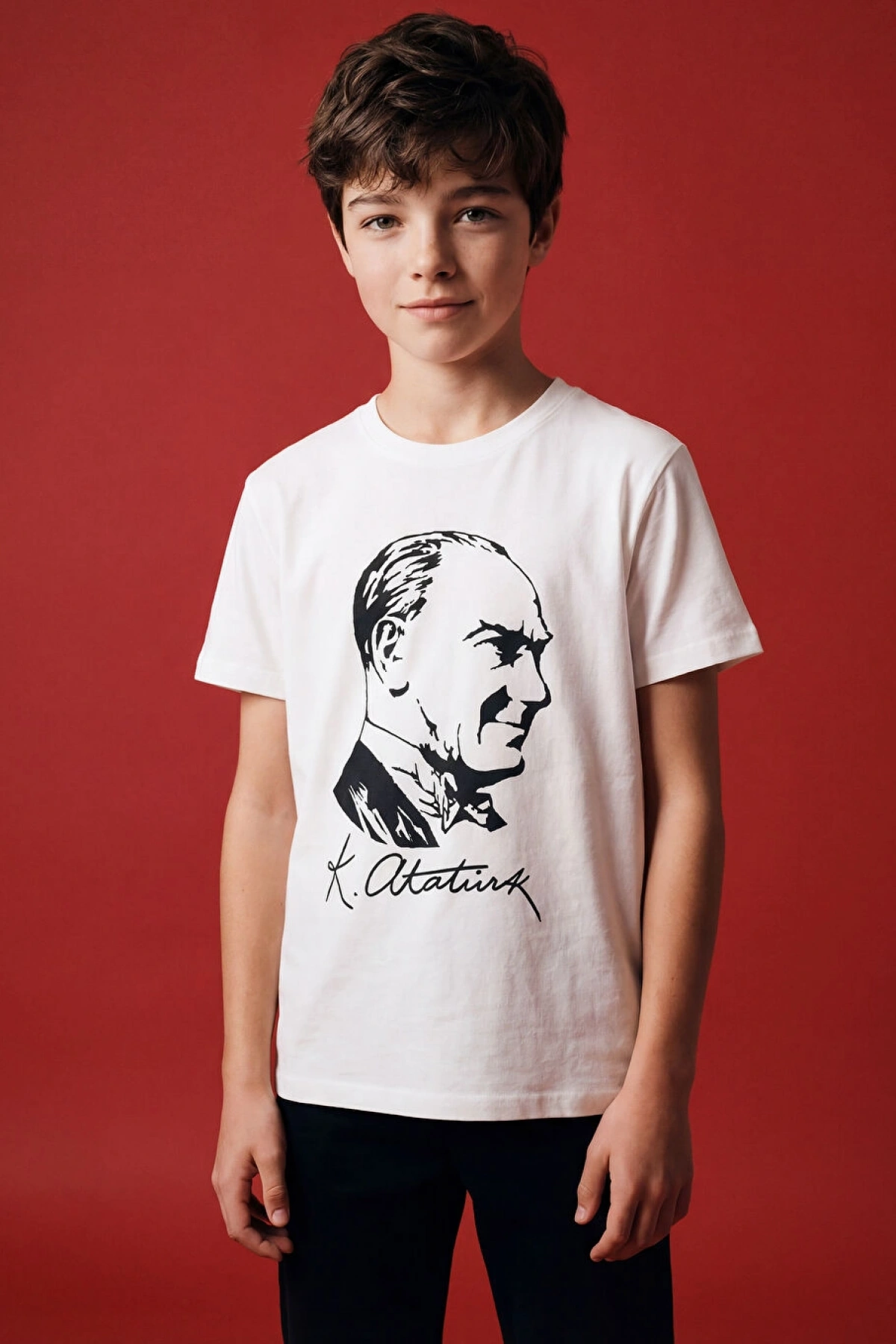 LCW Kids Ekru Bisiklet Yaka Atatürk Baskılı Erkek Çocuk Tişört