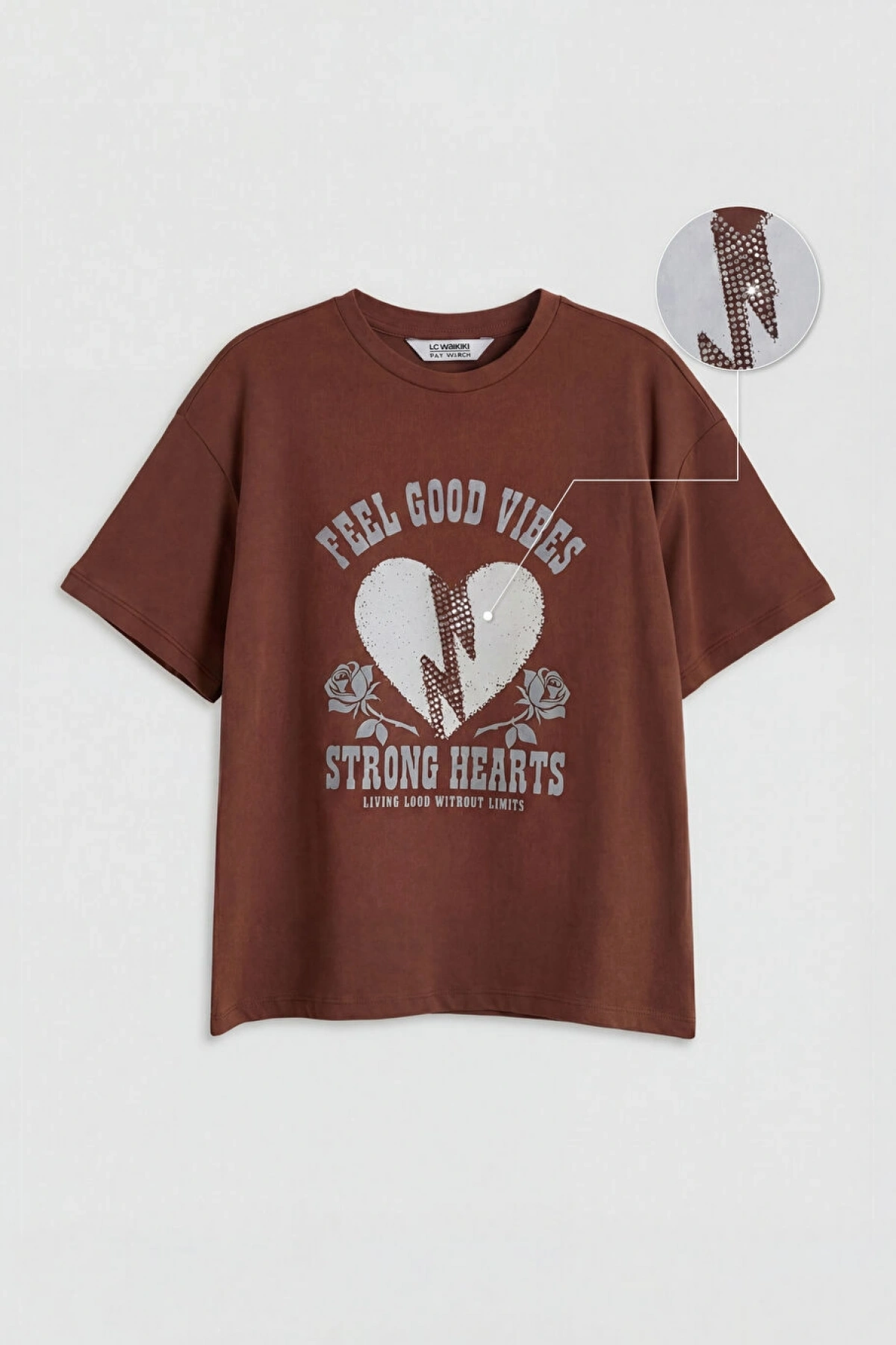 LCW Kids Kahverengi Baskılı Taş Detaylı Kız Çocuk Tişört