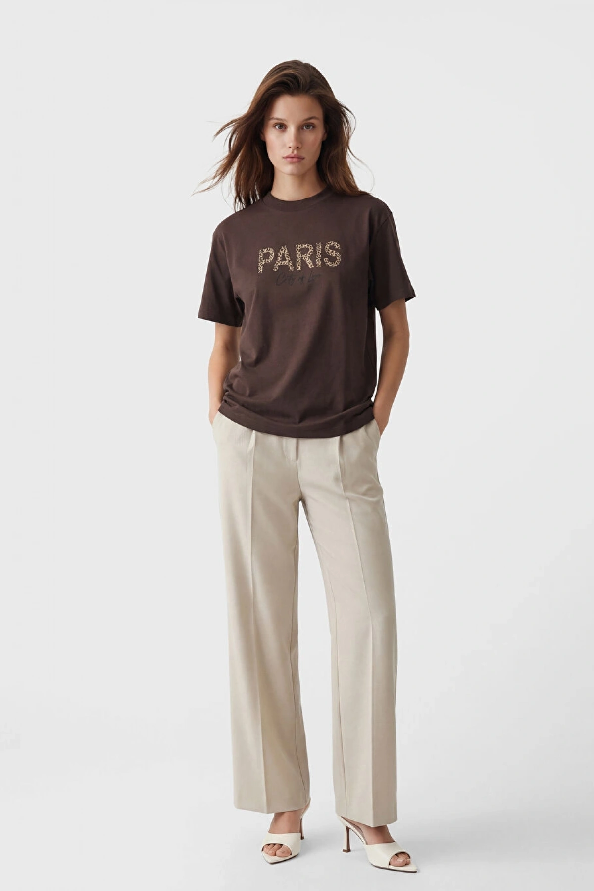 LCW Modest Kahverengi Bisiklet Yaka Paris Baskılı Kadın Tişört