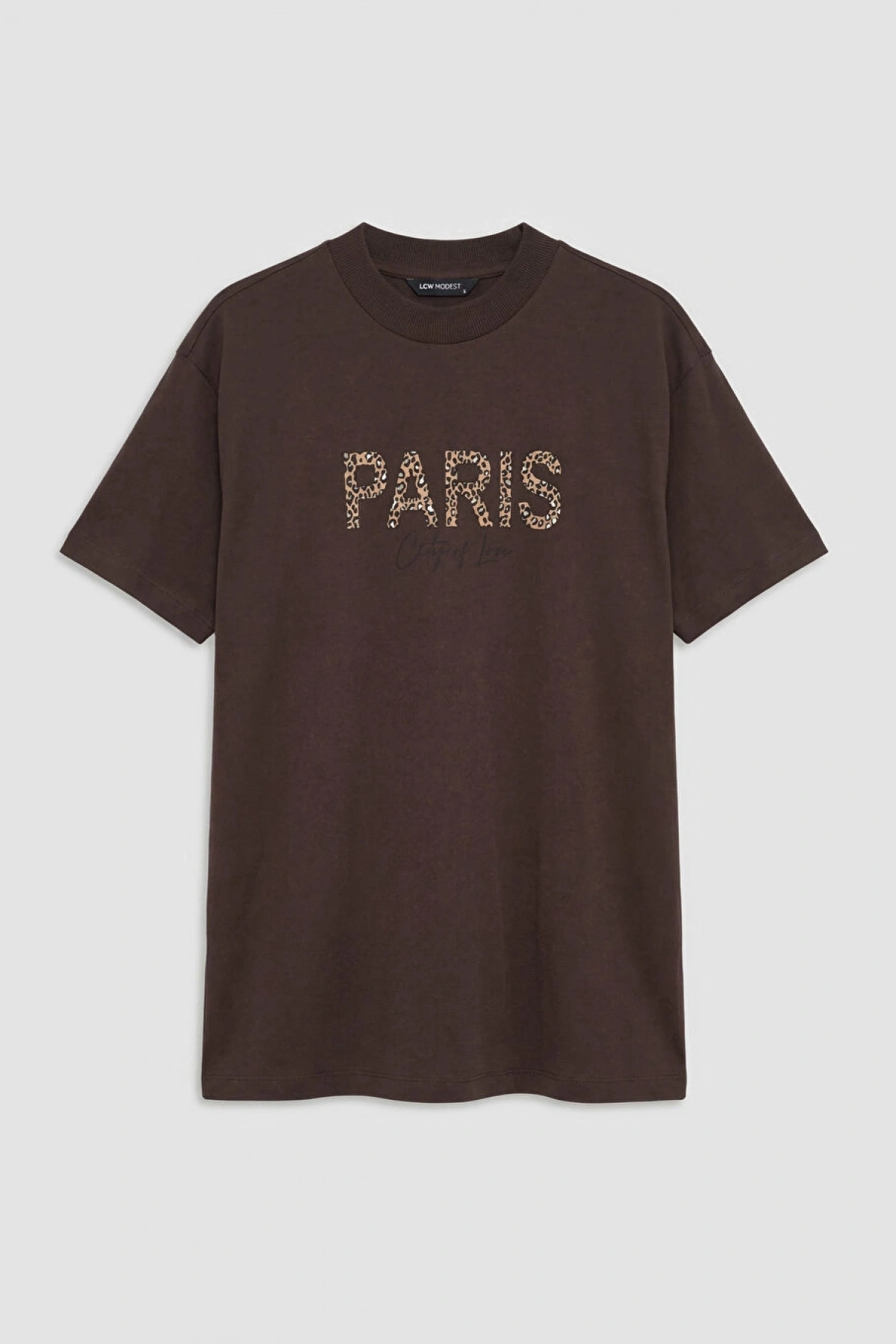 LCW Modest Kahverengi Bisiklet Yaka Paris Baskılı Kadın Tişört