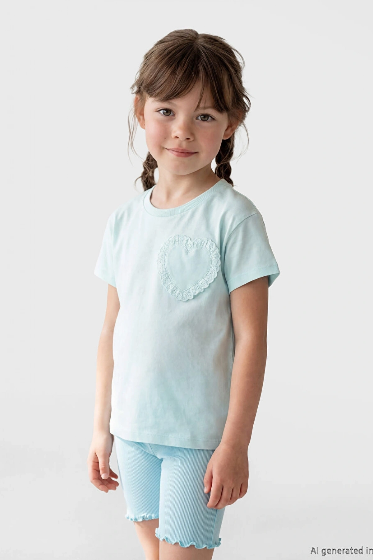 LCW Kids Turkuaz Bisiklet Yaka Nakışlı Kız Çocuk Tişört