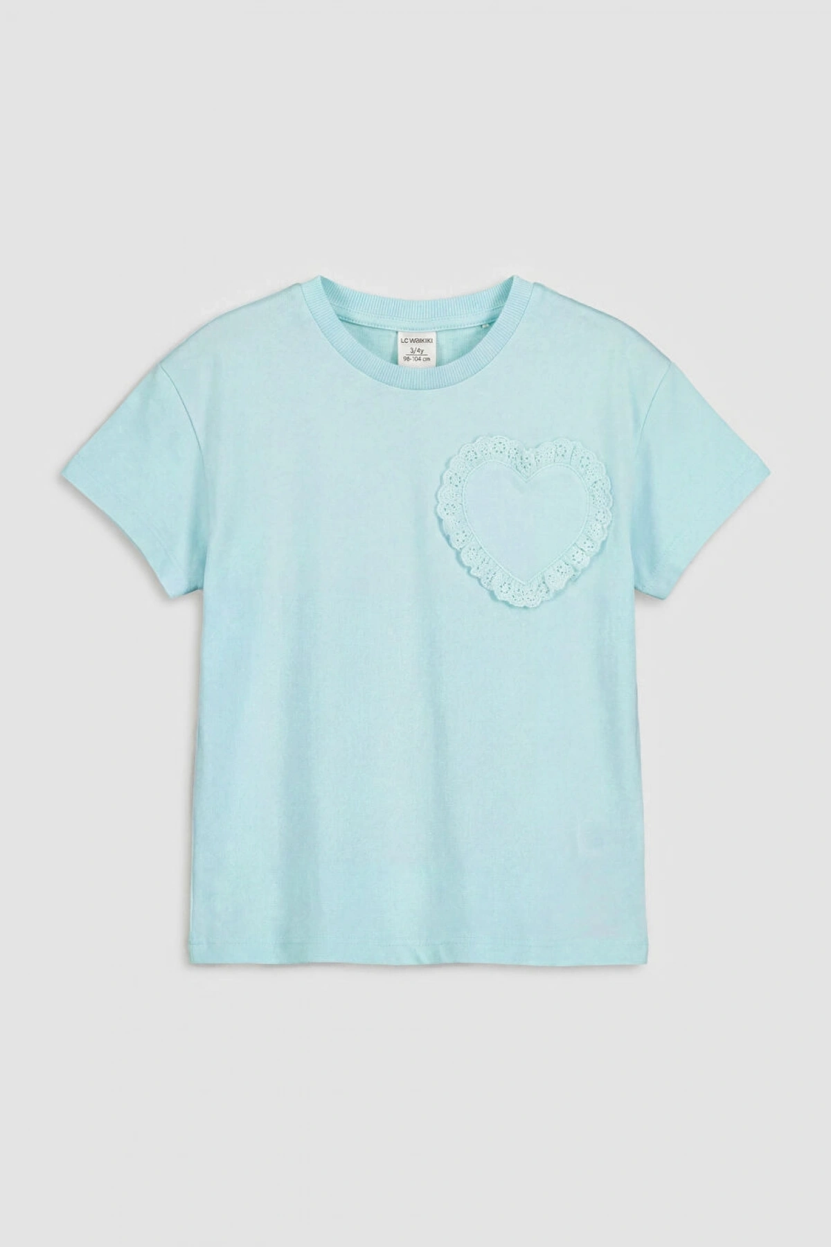LCW Kids Turkuaz Bisiklet Yaka Nakışlı Kız Çocuk Tişört
