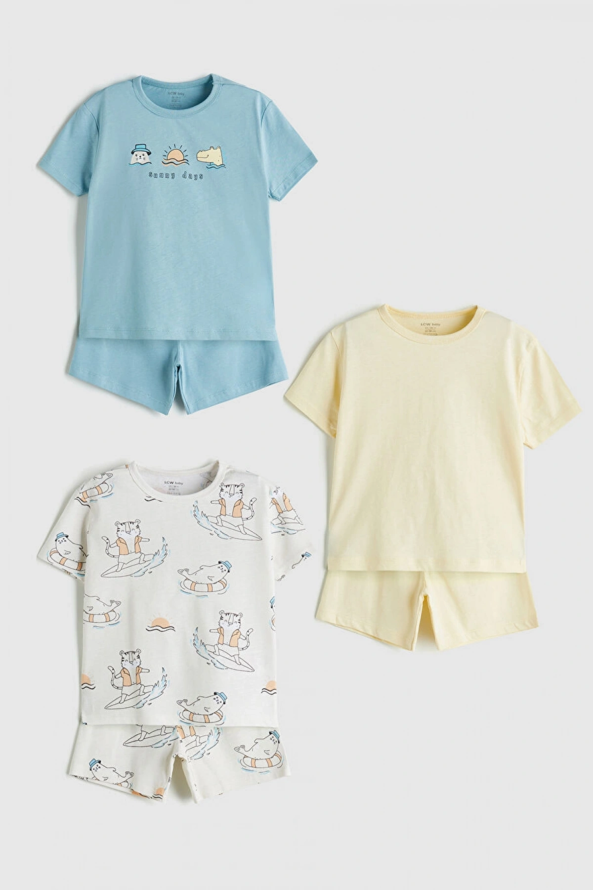 LCW baby Mavi Baskılı Erkek Bebek Tişört Ve Şort 3lü Takım