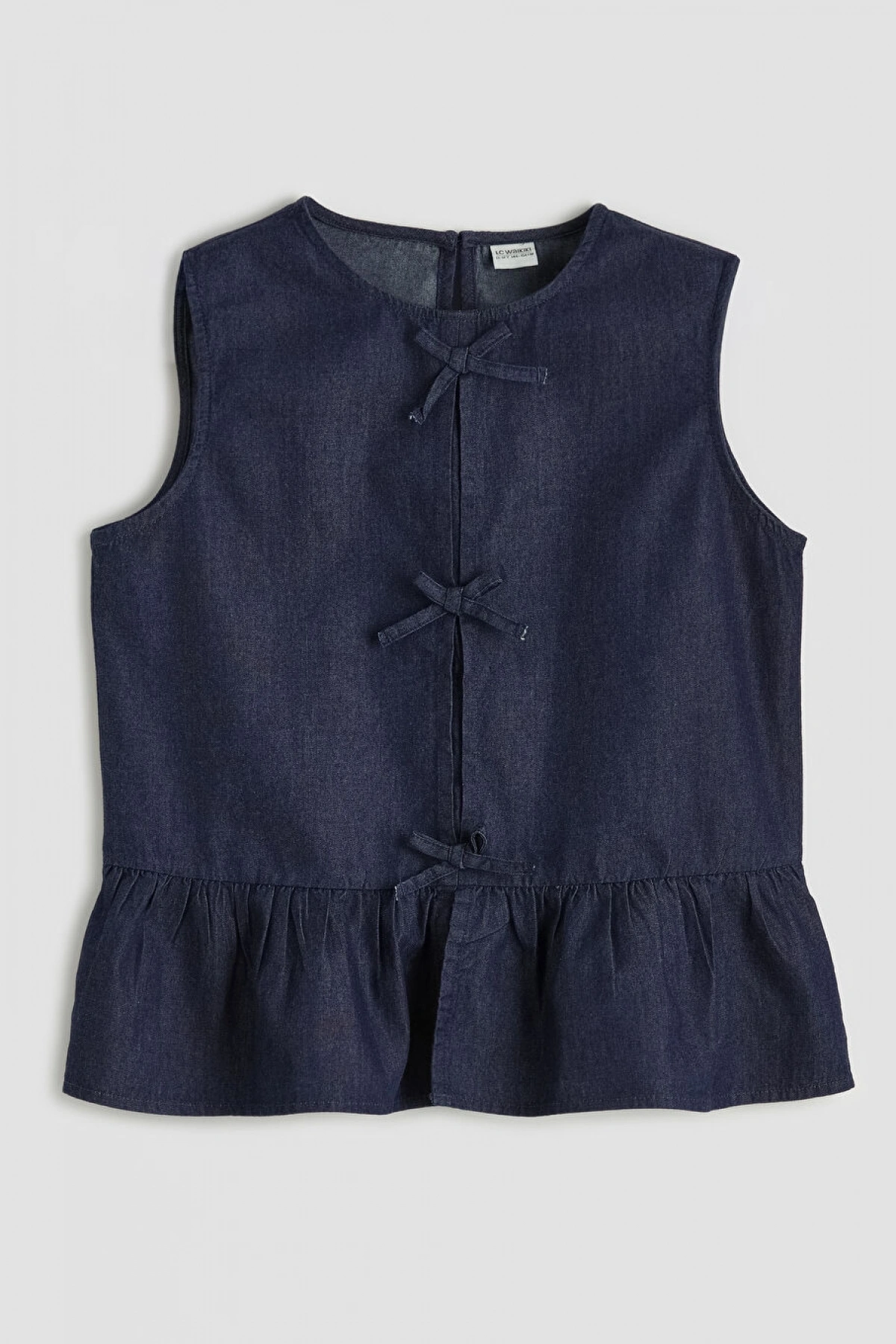 LCW Kids Lacivert Fiyonk Detaylı Fırfırlı Kız Çocuk Jean Bluz