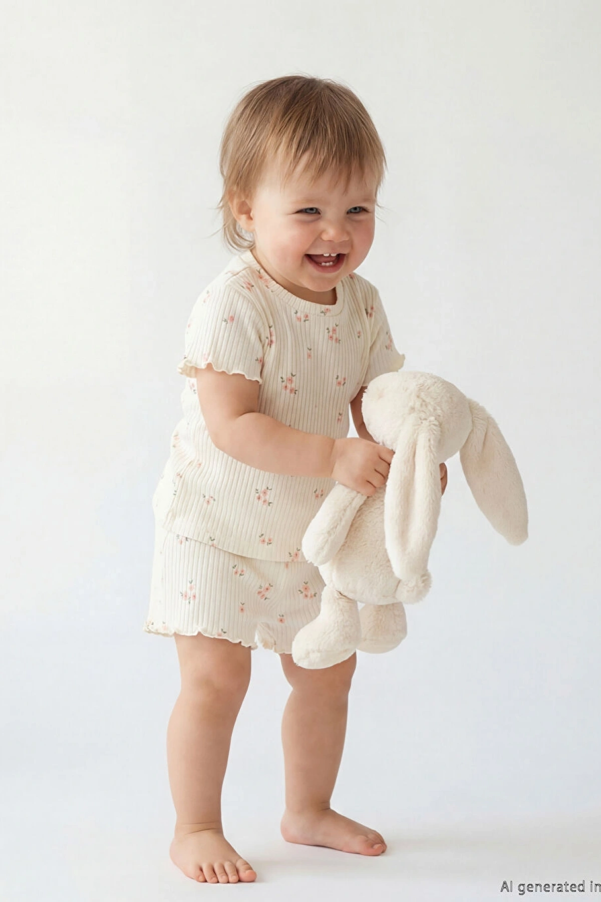 LCW baby Ekru Çiçek Desenli Kız Bebek Şort Ve Tişört