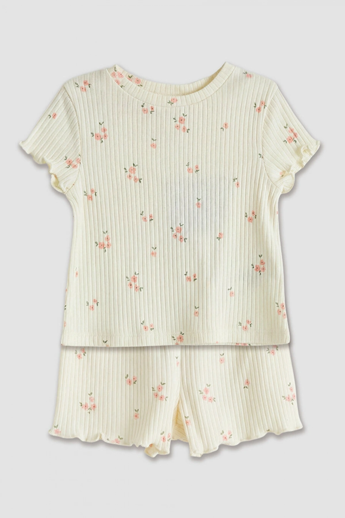 LCW baby Ekru Çiçek Desenli Kız Bebek Şort Ve Tişört
