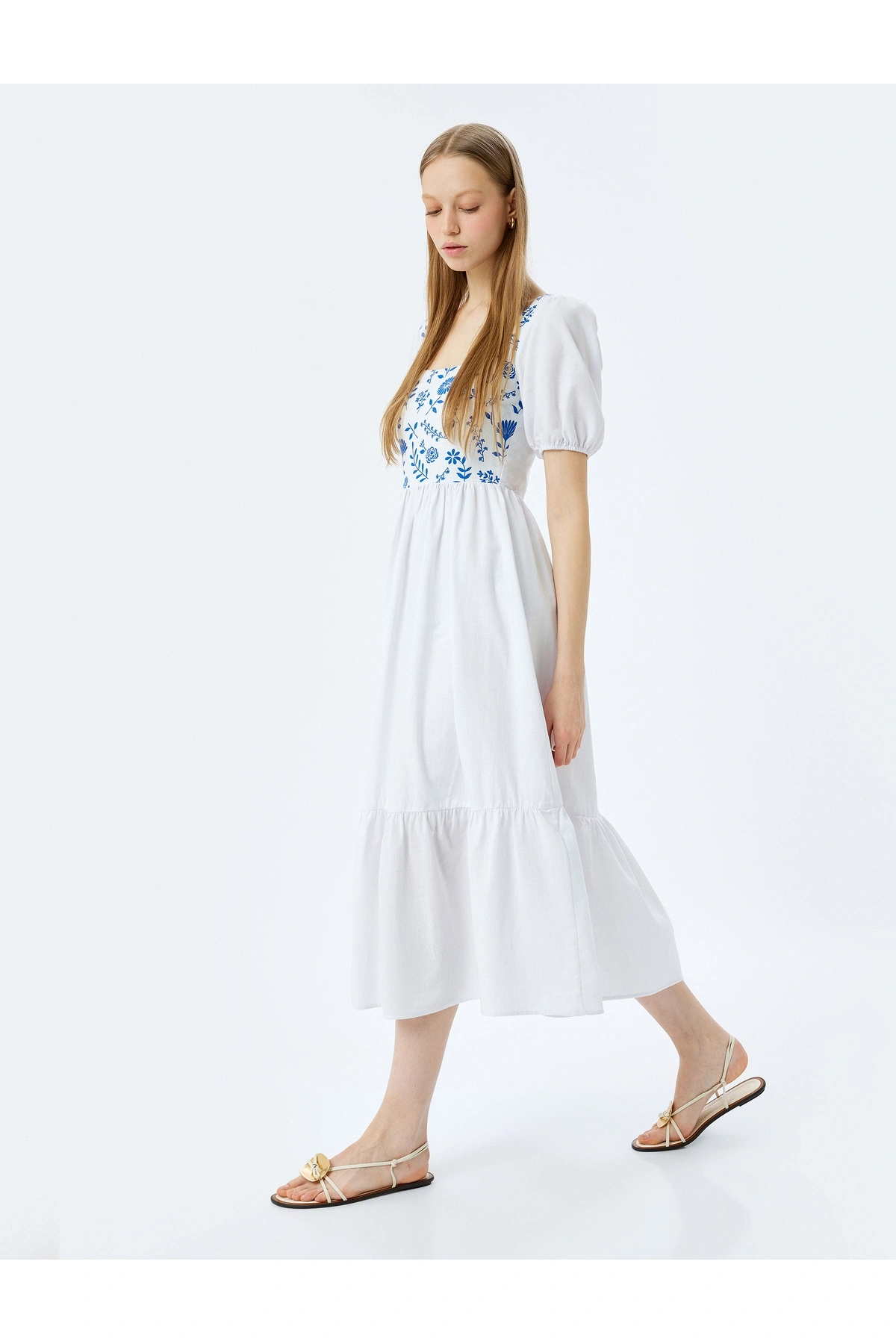 Koton Pamuklu Balon Kollu U Yaka Gipe Detaylı Maxi Elbise