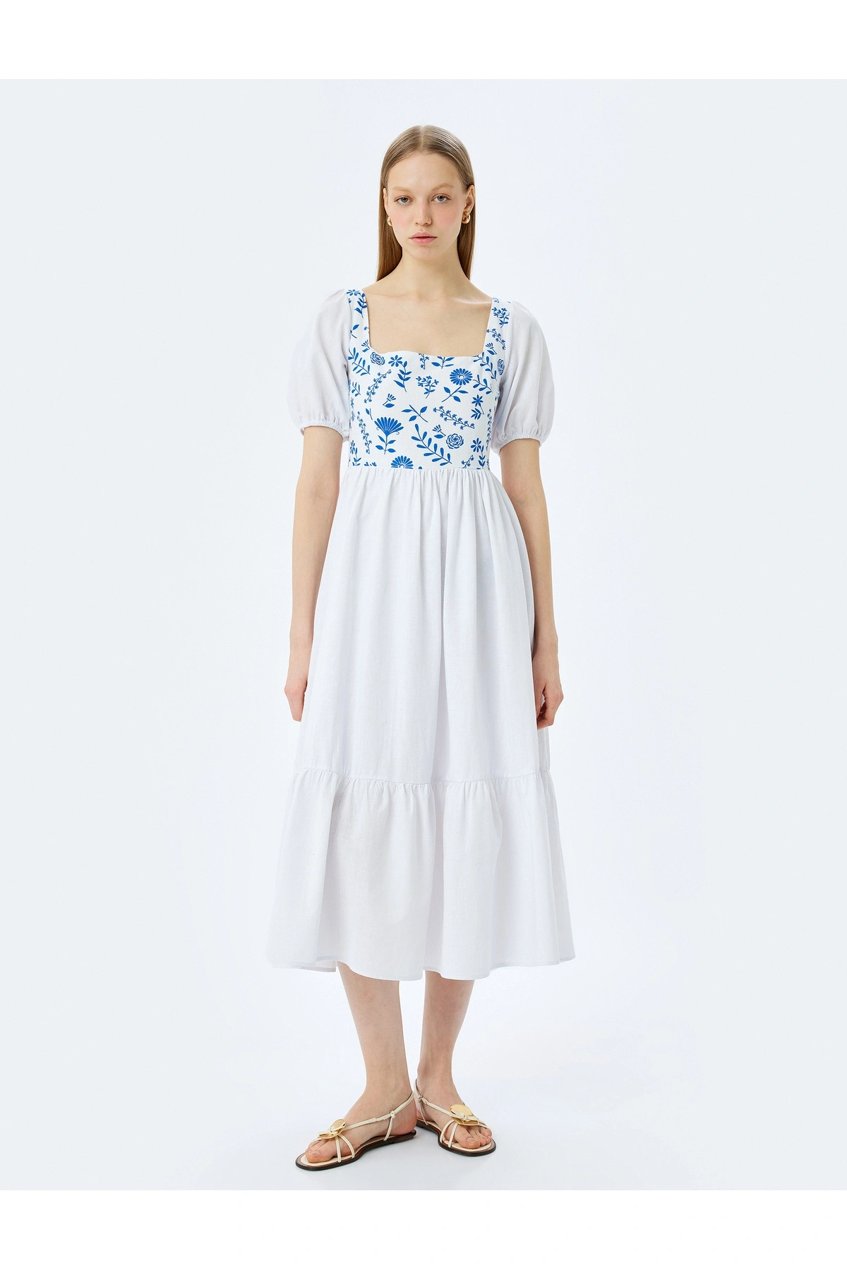 Koton Pamuklu Balon Kollu U Yaka Gipe Detaylı Maxi Elbise