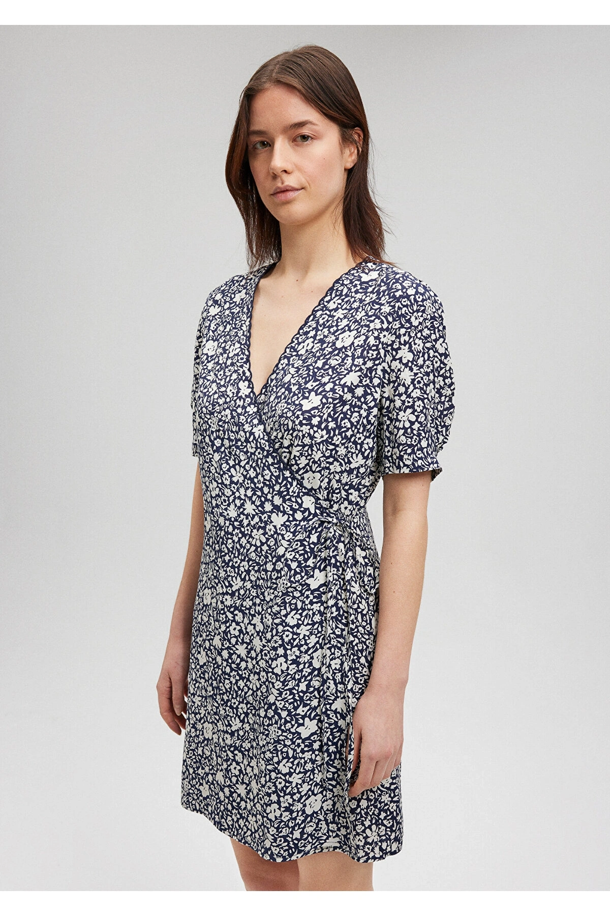 Mavi Çiçek Baskılı Dokuma Elbise 1310482-87003