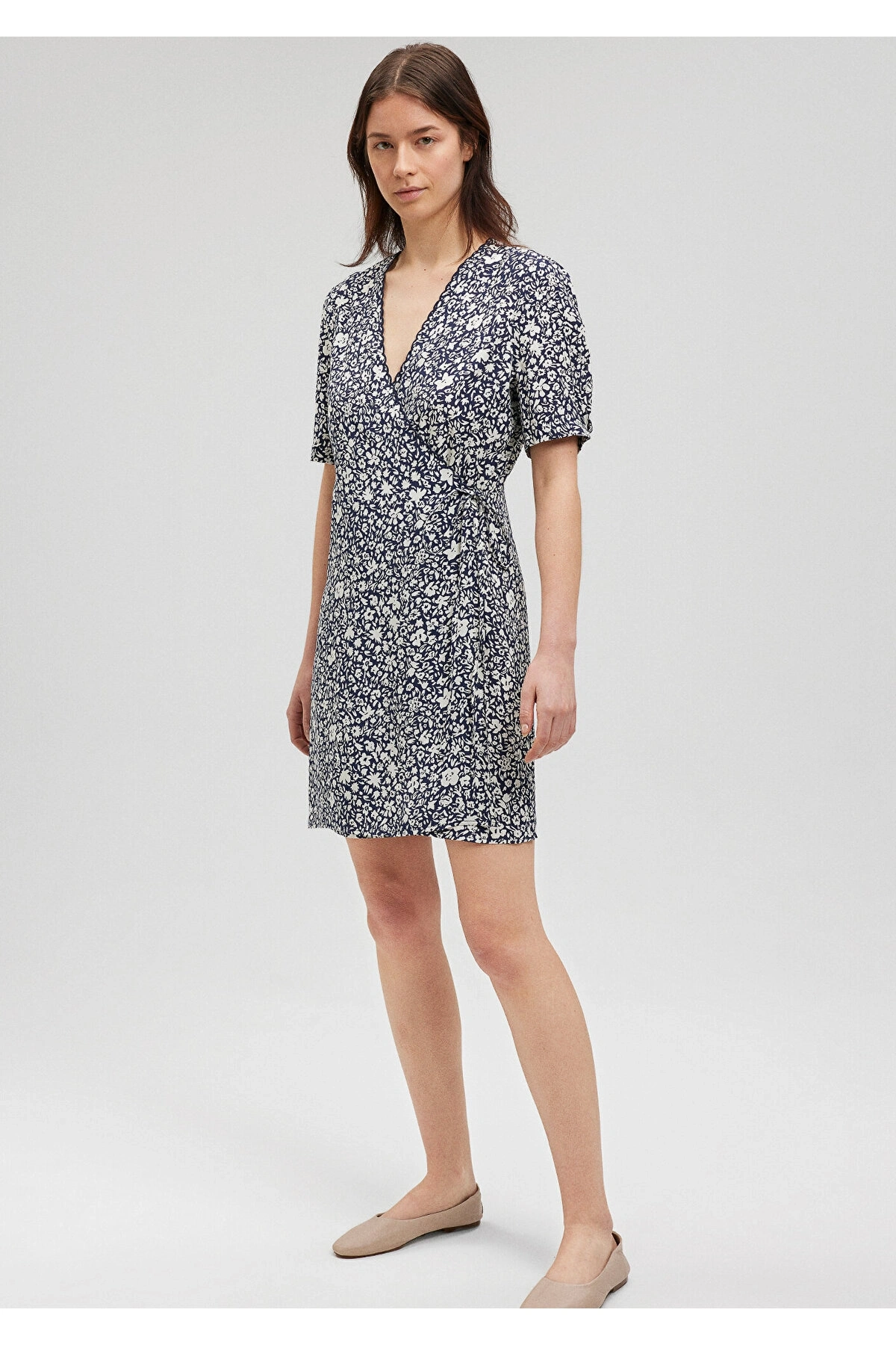 Mavi Çiçek Baskılı Dokuma Elbise 1310482-87003