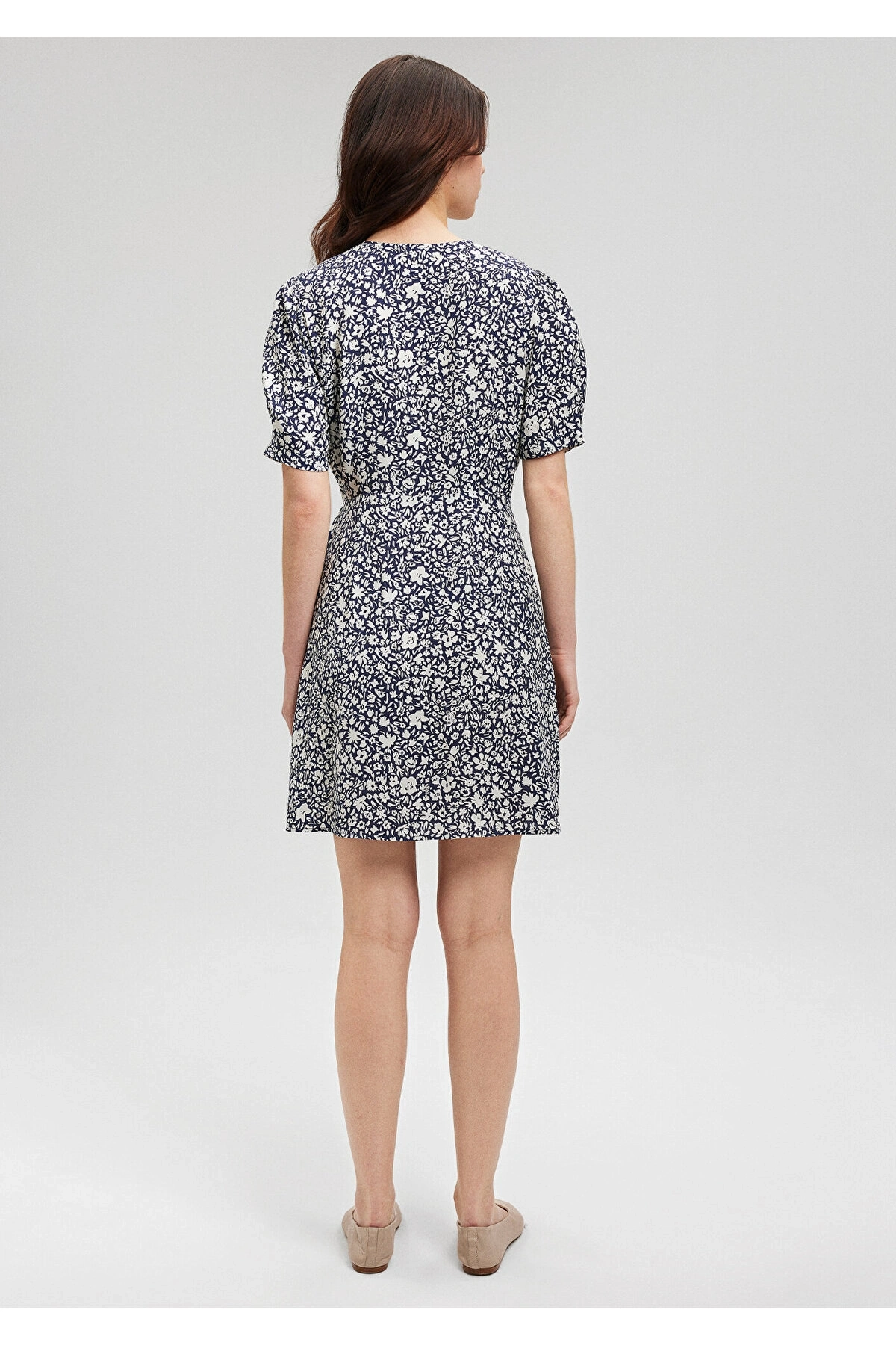 Mavi Çiçek Baskılı Dokuma Elbise 1310482-87003