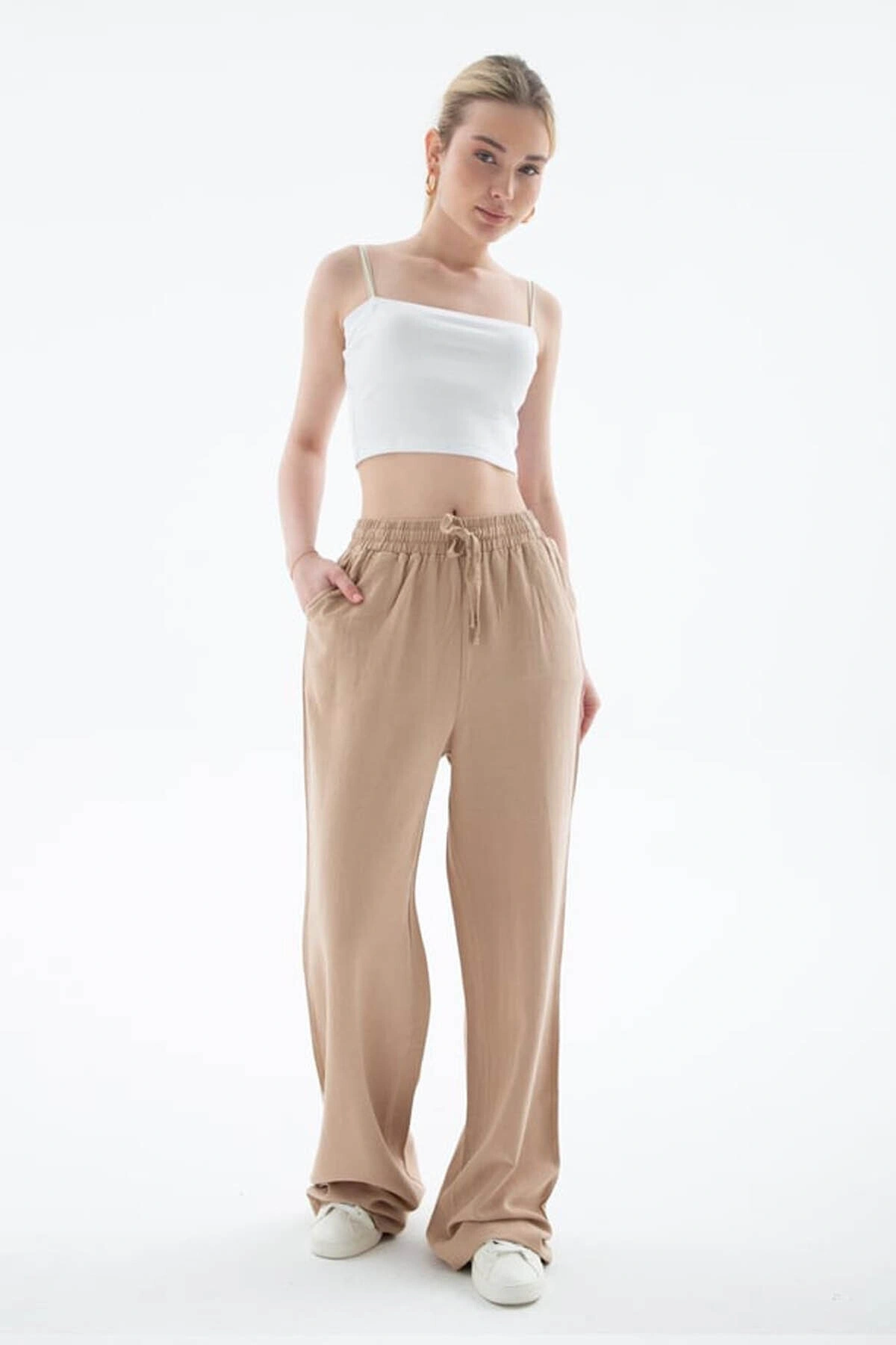 Fashion Friends Yüksel Bel Geniş Paça Bej Kadın Pantolon 25Y0608K1