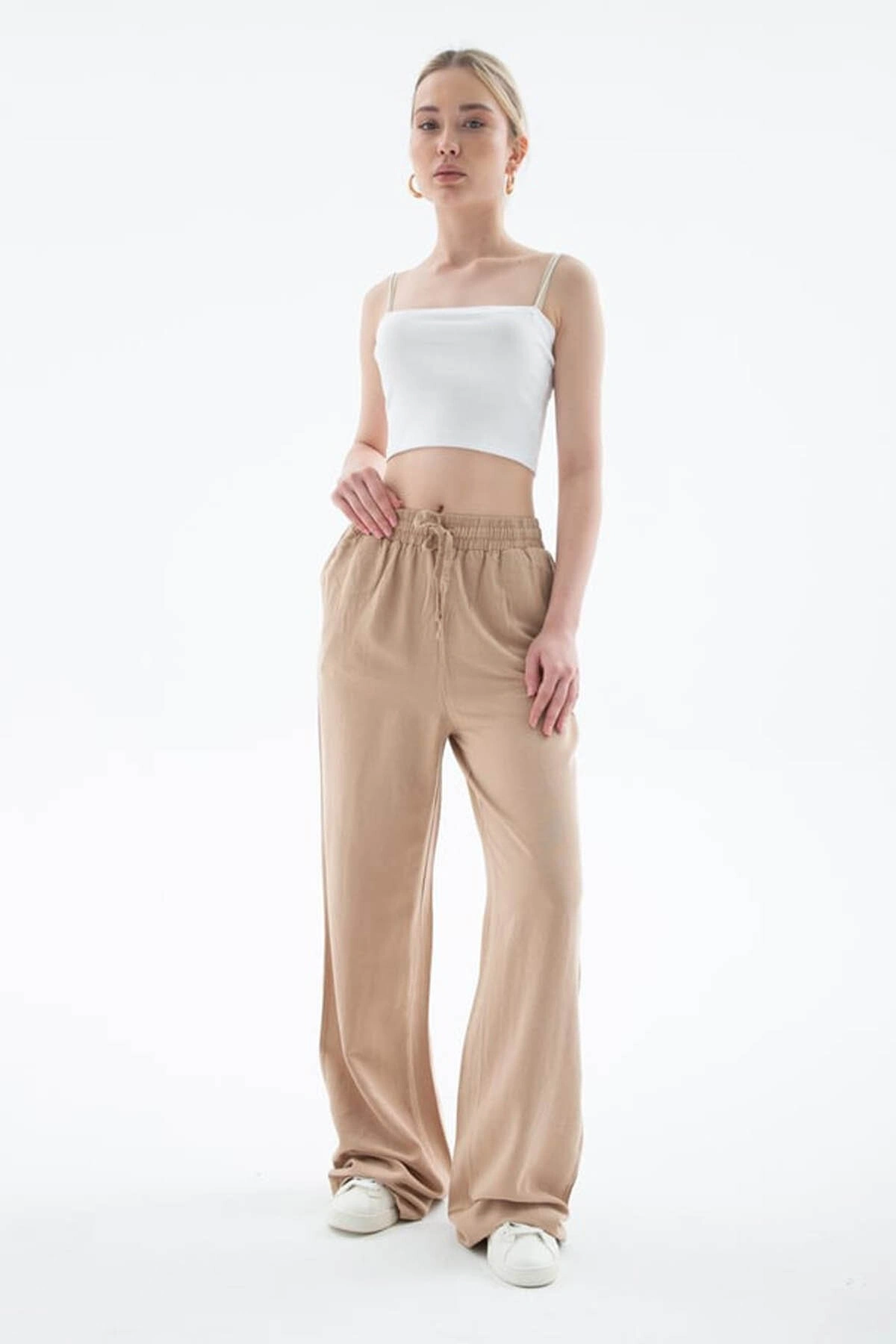 Fashion Friends Yüksel Bel Geniş Paça Bej Kadın Pantolon 25Y0608K1