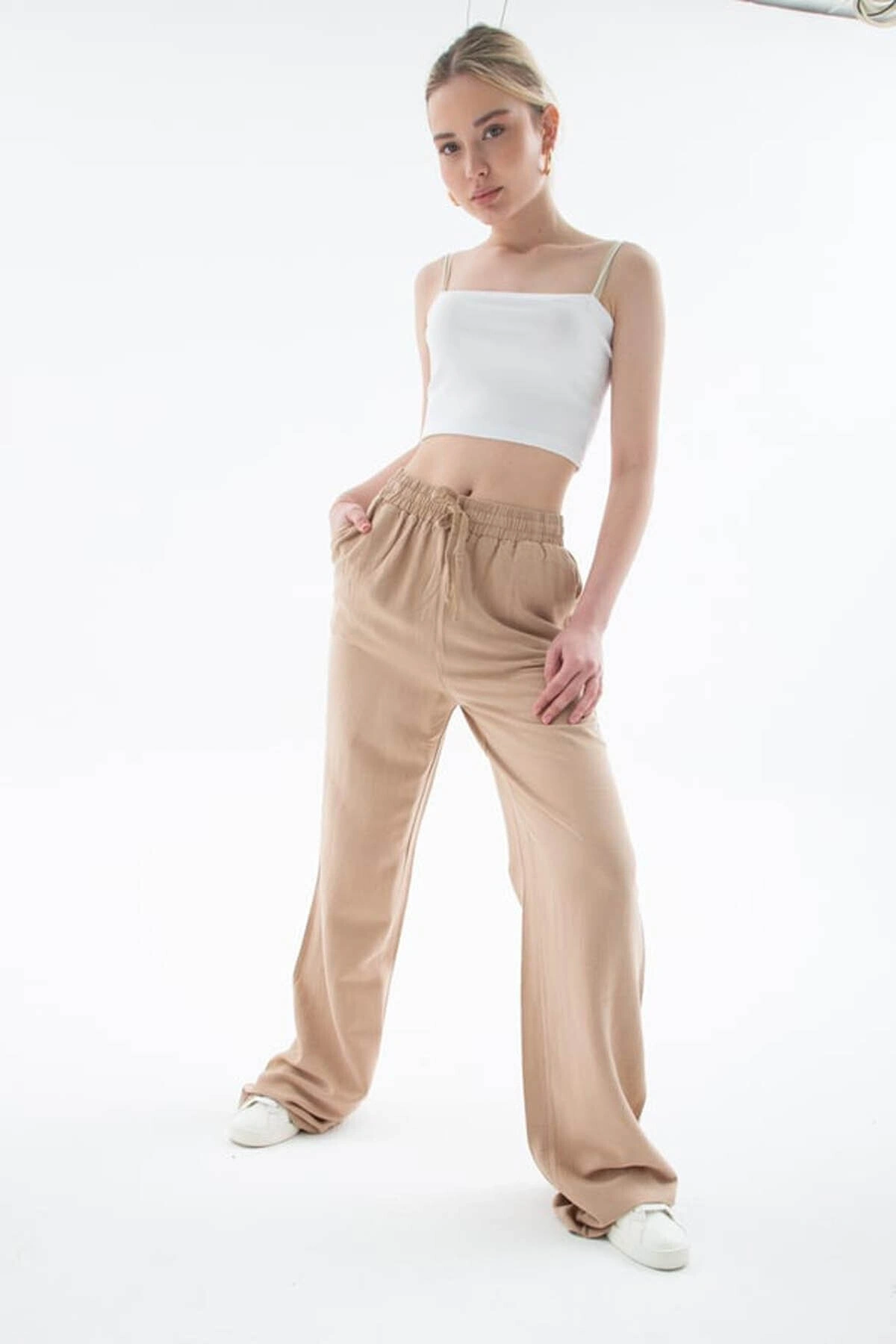 Fashion Friends Yüksel Bel Geniş Paça Bej Kadın Pantolon 25Y0608K1
