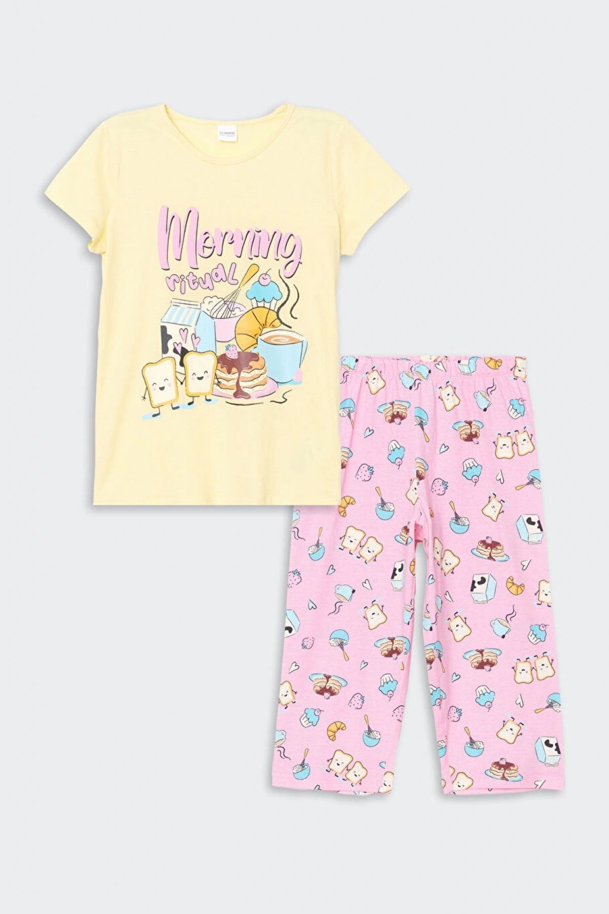 LCW Kids Sarı Bisiklet Yaka Kız Çocuk Kaprili Pijama Takımı