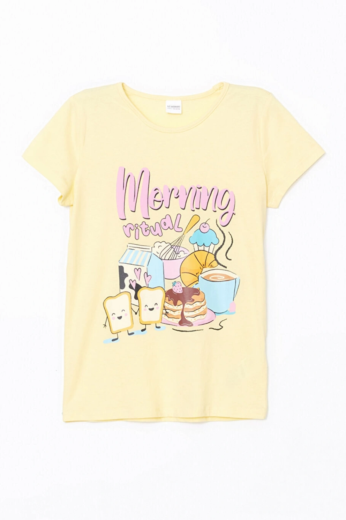 LCW Kids Sarı Bisiklet Yaka Kız Çocuk Kaprili Pijama Takımı