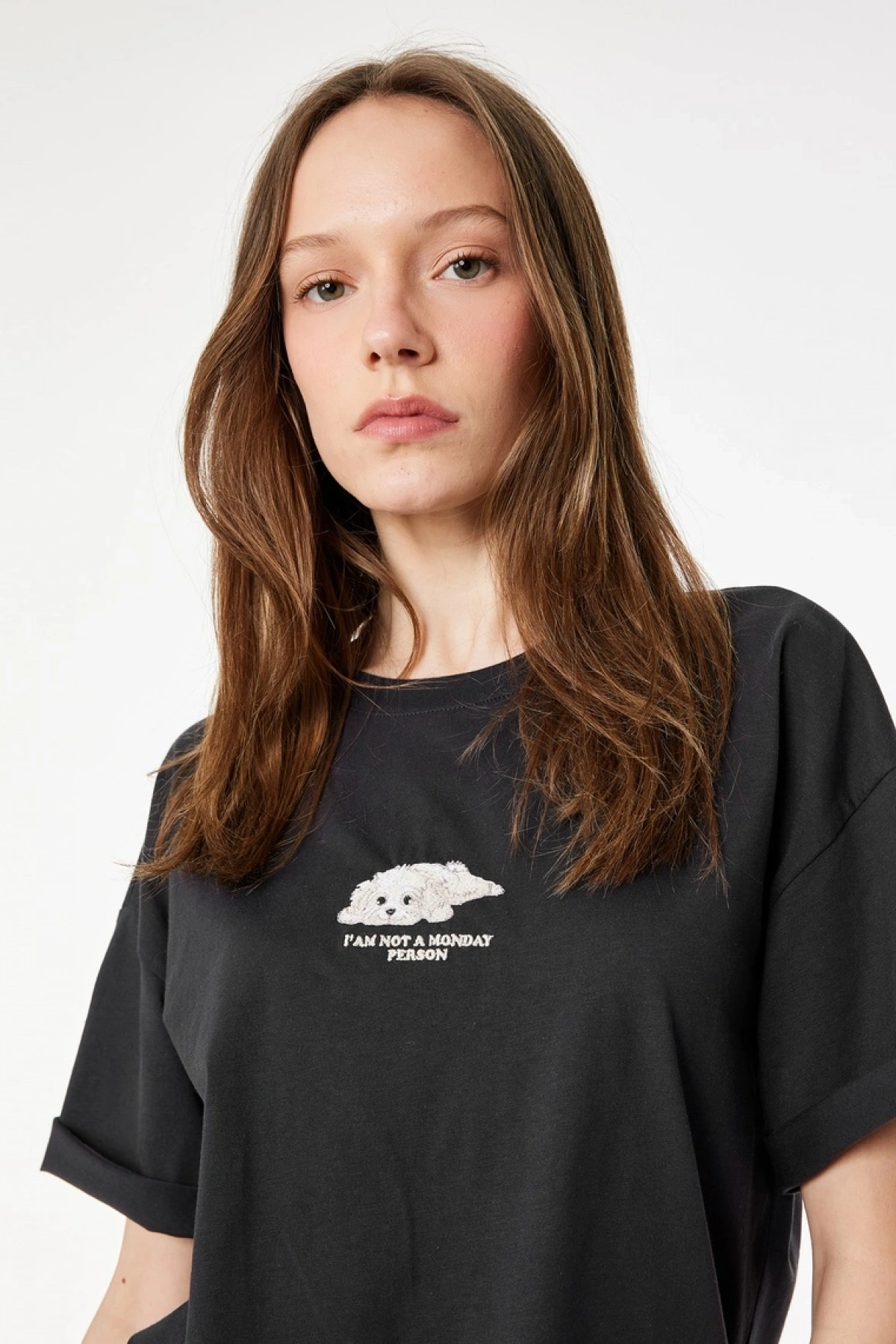 Rahat Kalıp Kısa Kollu Pamuklu Bisiklet Yaka Nakışlı Tişört