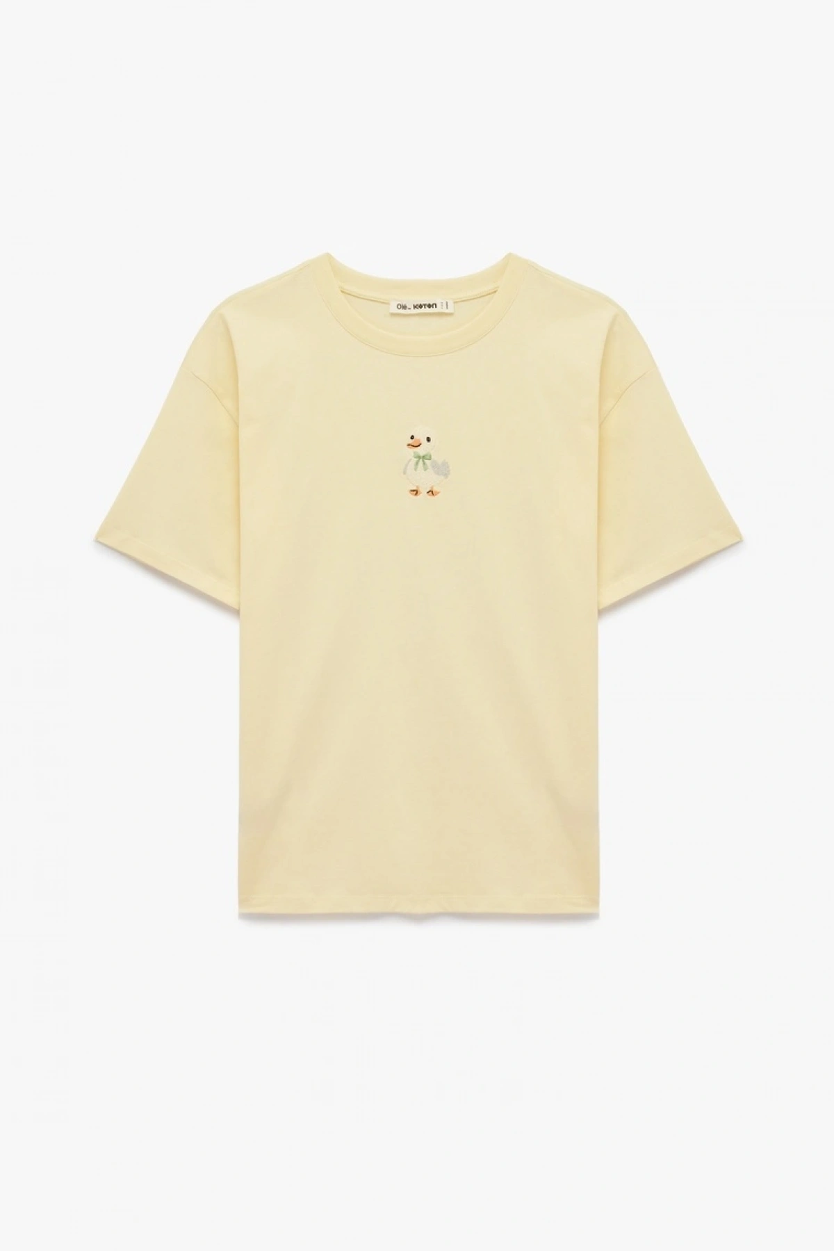 Rahat Kalıp Kısa Kollu Bisiklet Yaka Pamuklu Ördek Nakışlı Tişört