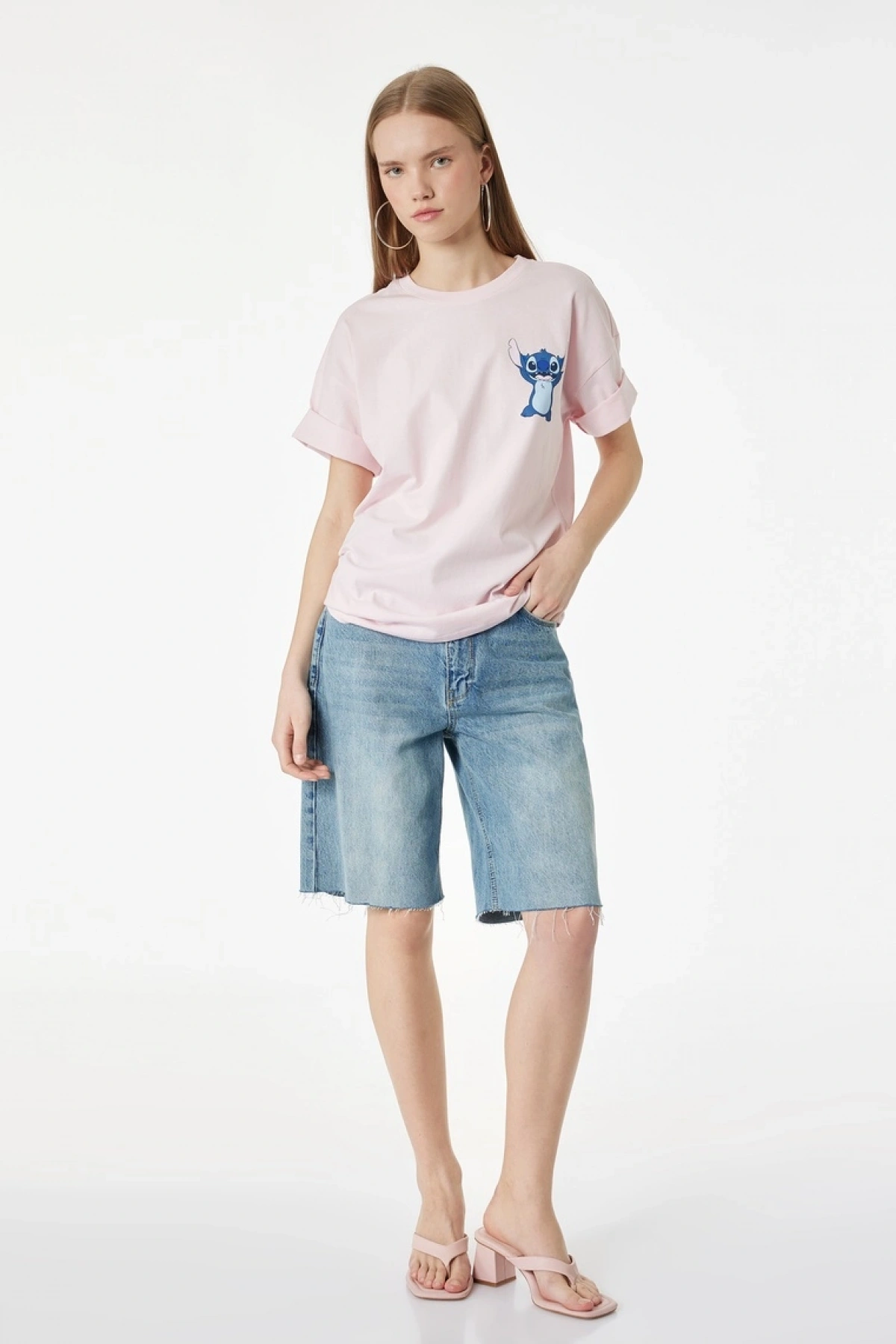 Stitch Lisanslı Baskılı Kısa Kollu Bisiklet Yaka Pamuklu Tişört