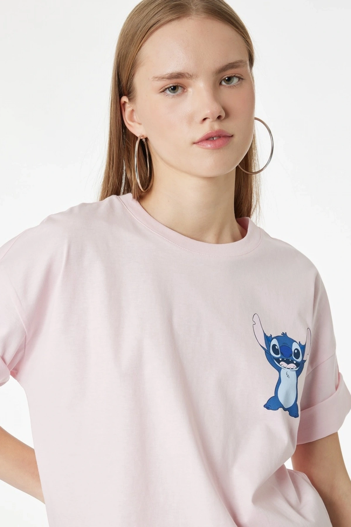 Stitch Lisanslı Baskılı Kısa Kollu Bisiklet Yaka Pamuklu Tişört