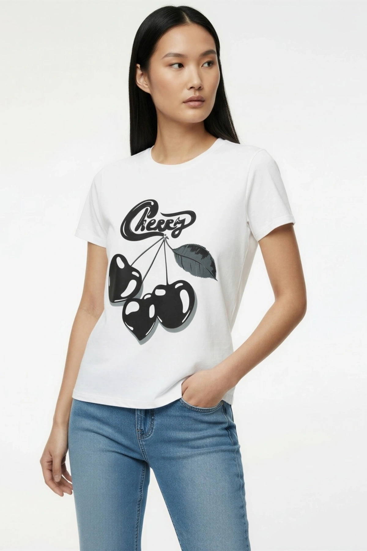 Kısa Kollu Bisiklet Yaka Pamuklu Fiyonklu Baskılı Oversize Tişört