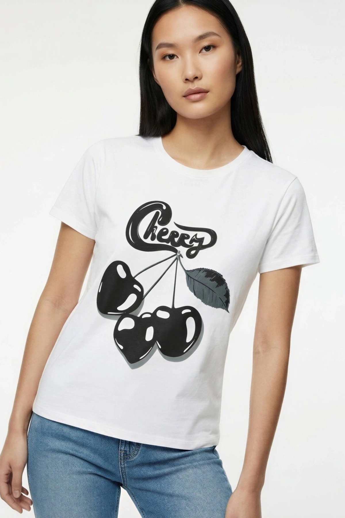 Kısa Kollu Bisiklet Yaka Pamuklu Fiyonklu Baskılı Oversize Tişört