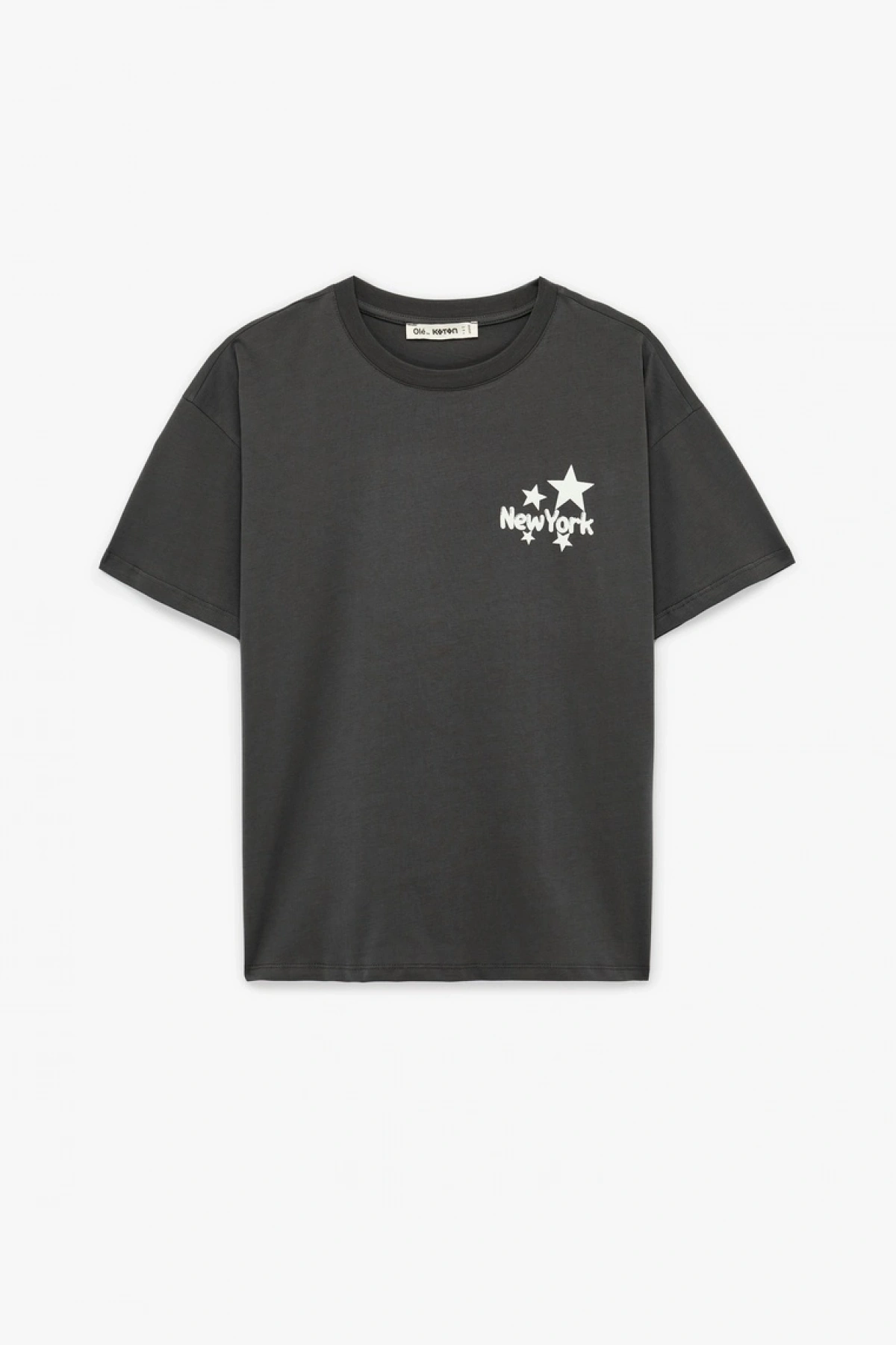 Rahat Kalıp Kısa Kollu Bisiklet Yaka Arkası Baskılı Pamuklu Tişört