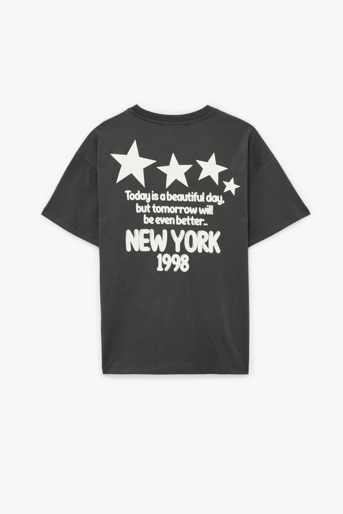 Rahat Kalıp Kısa Kollu Bisiklet Yaka Arkası Baskılı Pamuklu Tişört