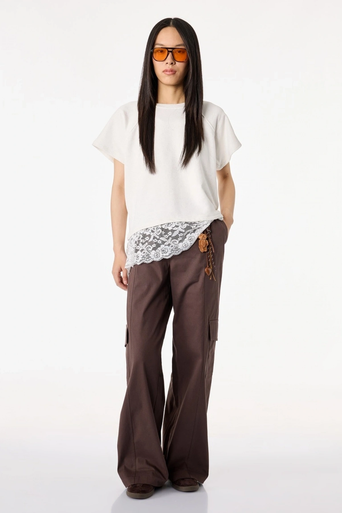 Kısa Kollu Bisiklet Yaka Pamuklu Simli Dantelli Tişört