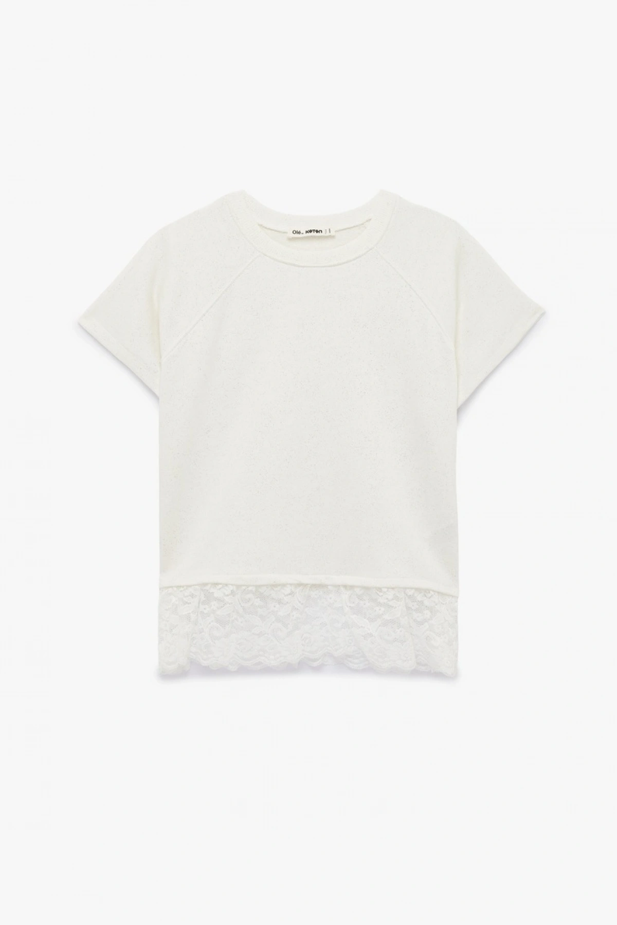 Kısa Kollu Bisiklet Yaka Pamuklu Simli Dantelli Tişört