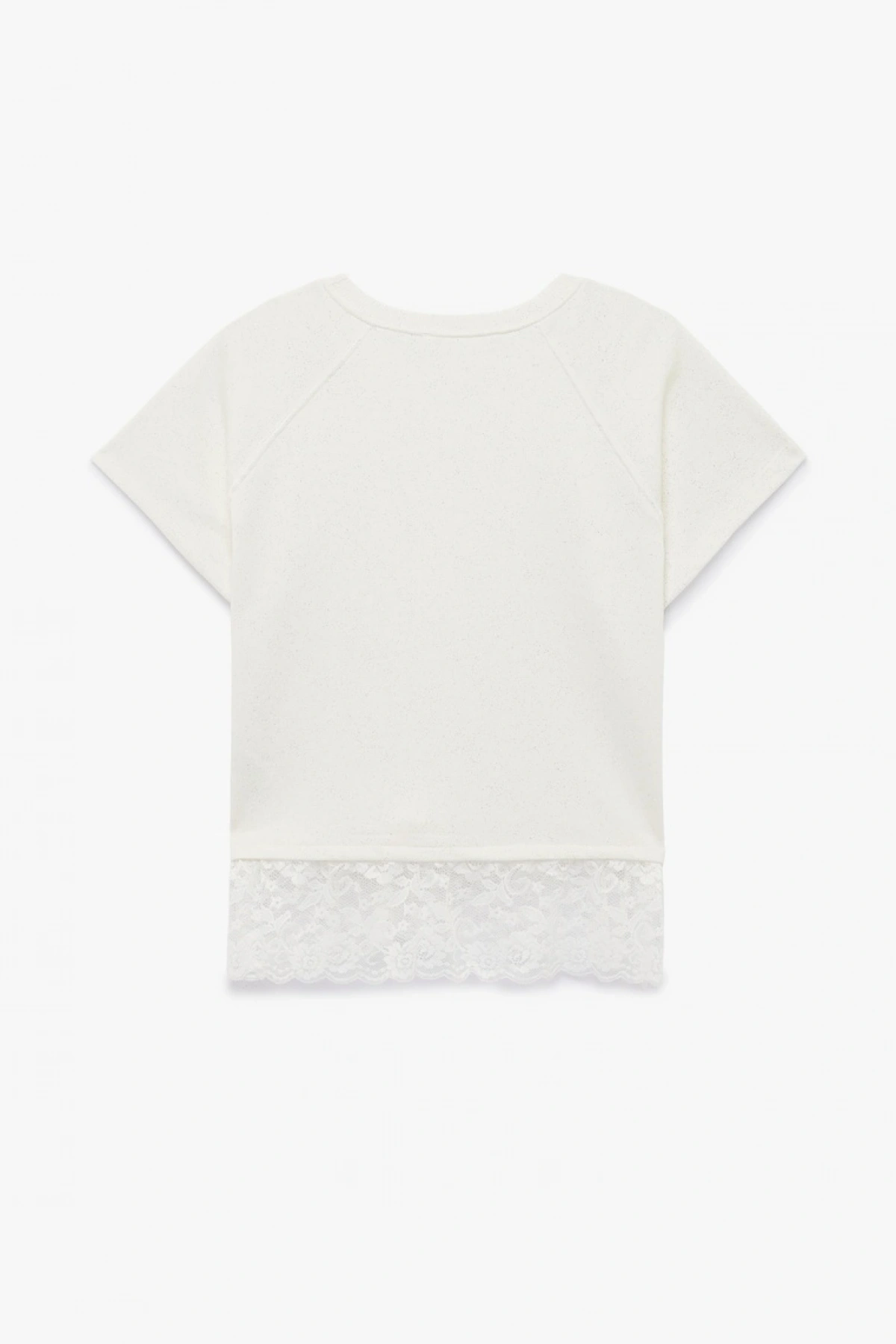 Kısa Kollu Bisiklet Yaka Pamuklu Simli Dantelli Tişört