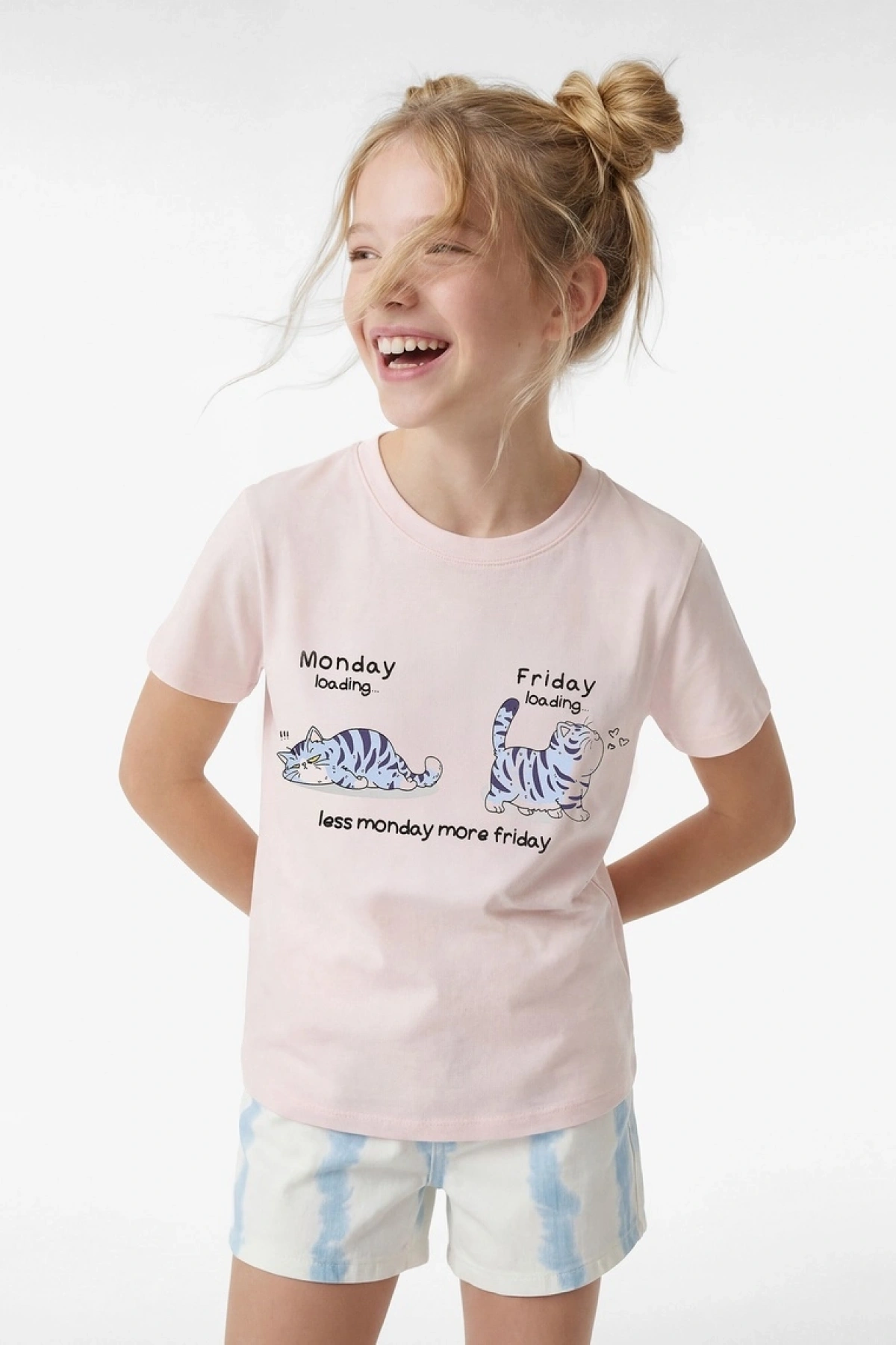 Kız Çocuk Kedi Baskılı Kısa Kollu Bisiklet Yaka Pamuklu Tişört