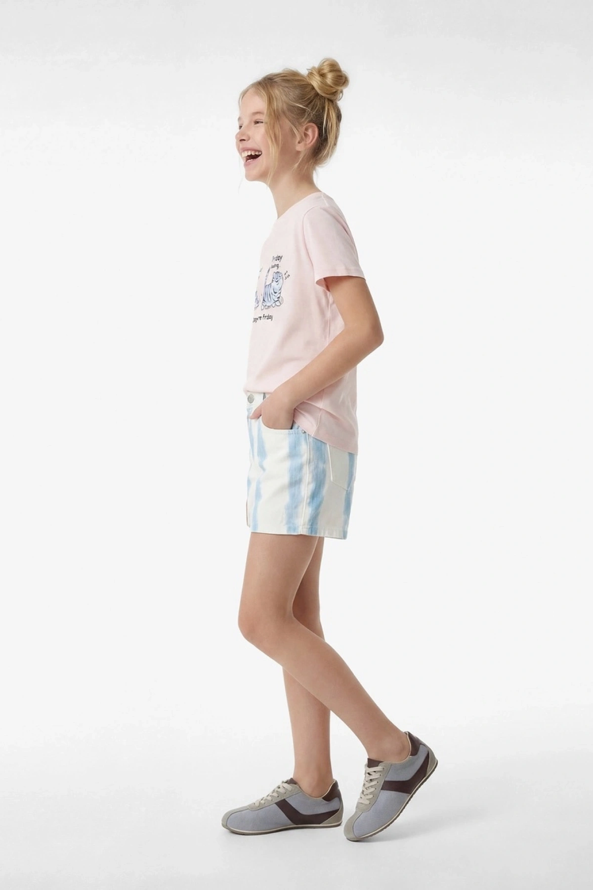 Kız Çocuk Kedi Baskılı Kısa Kollu Bisiklet Yaka Pamuklu Tişört