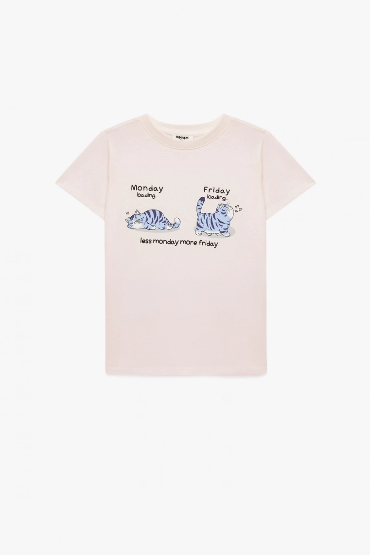 Kız Çocuk Kedi Baskılı Kısa Kollu Bisiklet Yaka Pamuklu Tişört