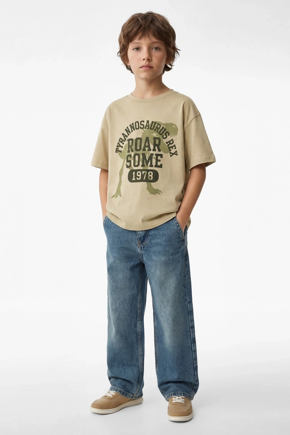 Erkek Çocuk Pamuklu Kısa Kollu Bisiklet Yaka Dinozor Baskılı Tişört