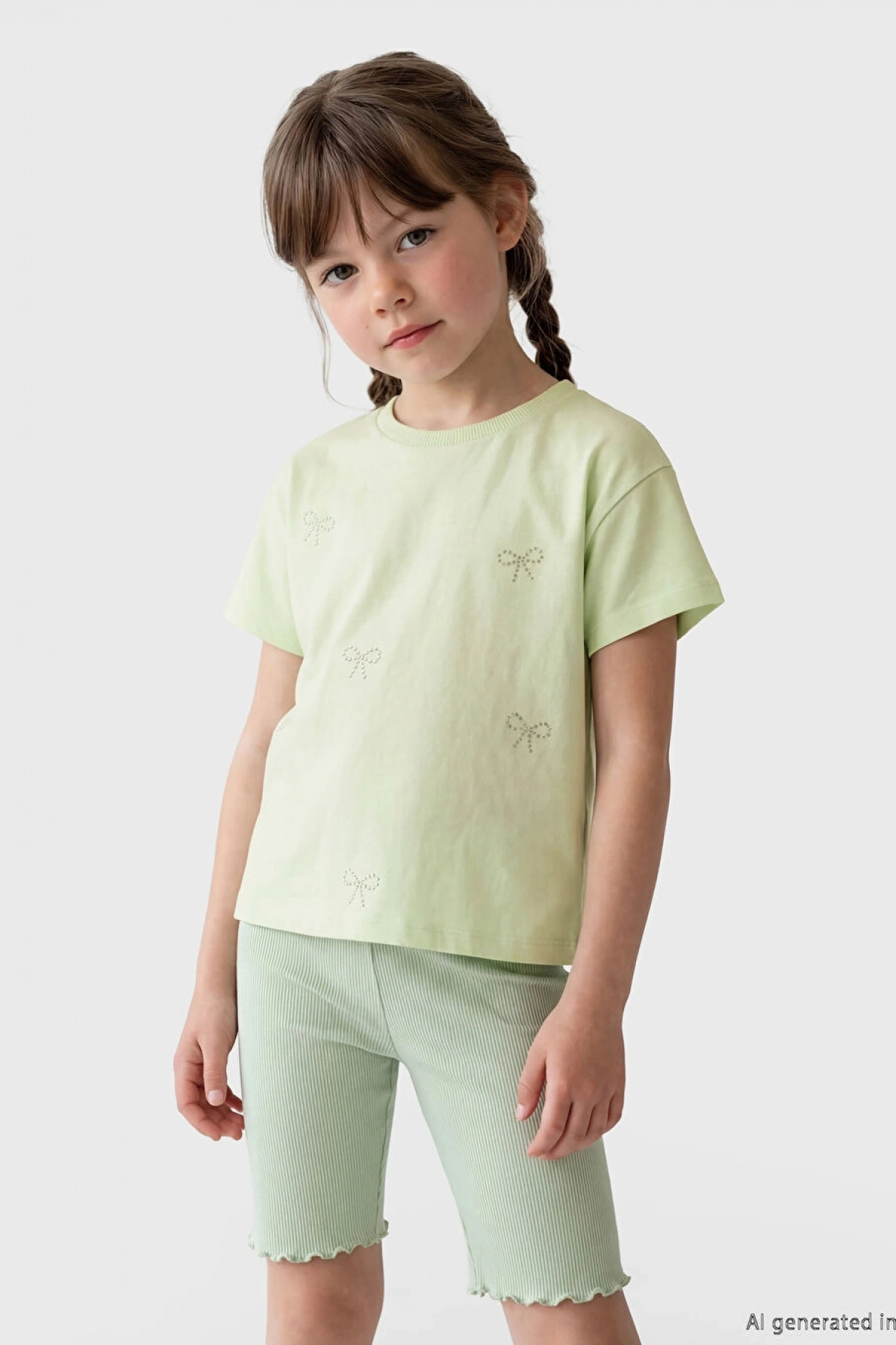 LCW Kids Yeşil Fiyonk Baskılı Taşlı Kız Çocuk Tişört