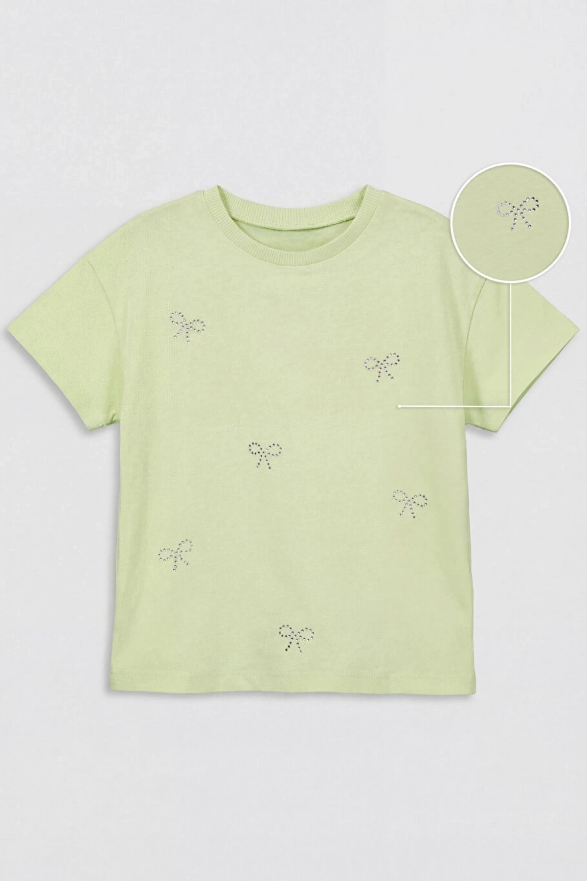 LCW Kids Yeşil Fiyonk Baskılı Taşlı Kız Çocuk Tişört