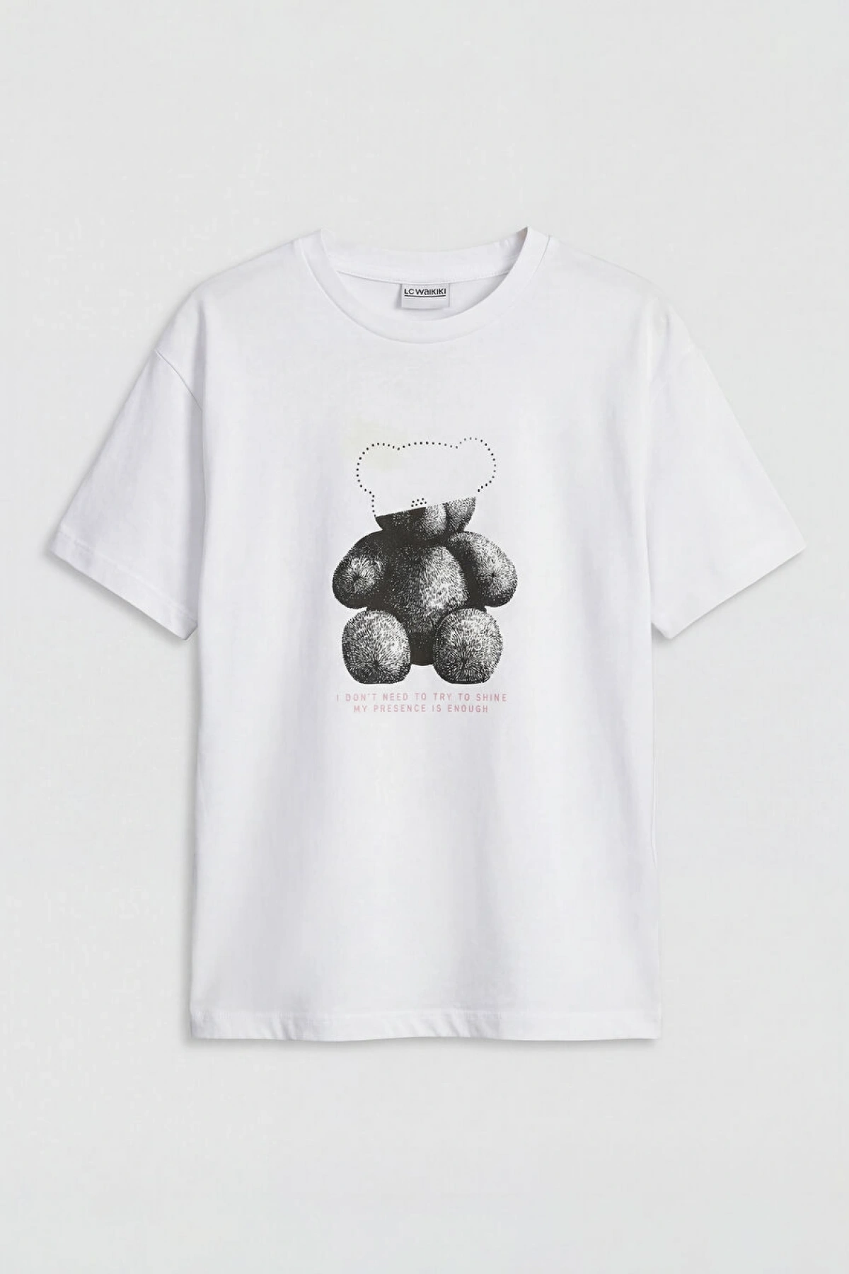 LCW Kids Beyaz Ayı Baskılı Taşlı Kız Çocuk Tişört