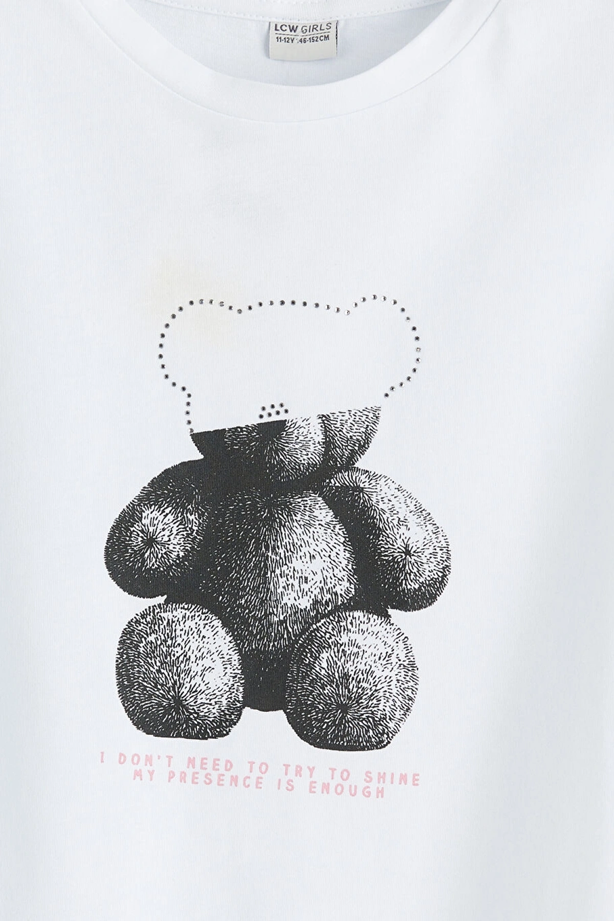 LCW Kids Beyaz Ayı Baskılı Taşlı Kız Çocuk Tişört