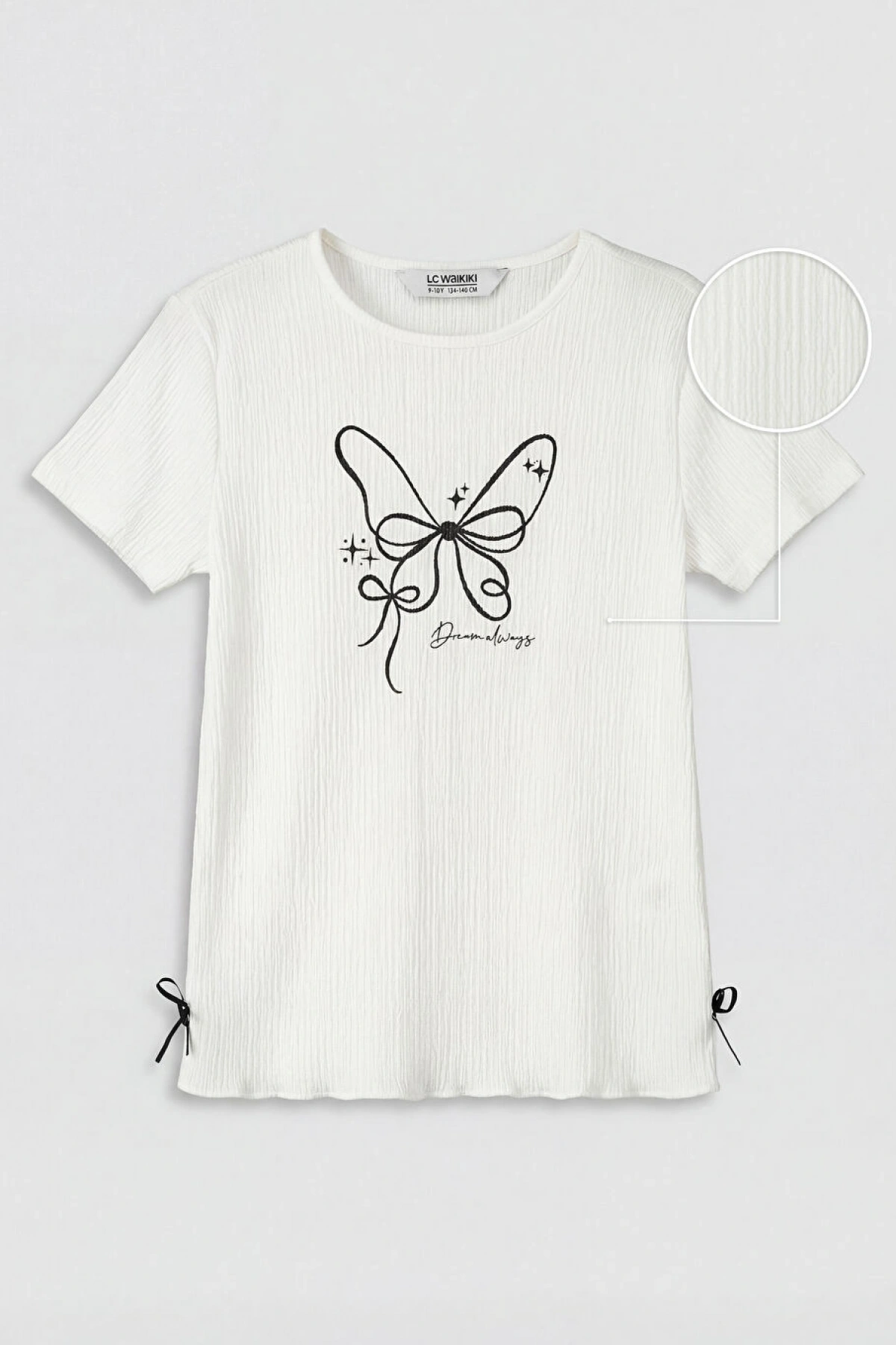 LCW Kids Ekru Bisiklet Yaka Fiyonk Detaylı Kız Çocuk Tişört