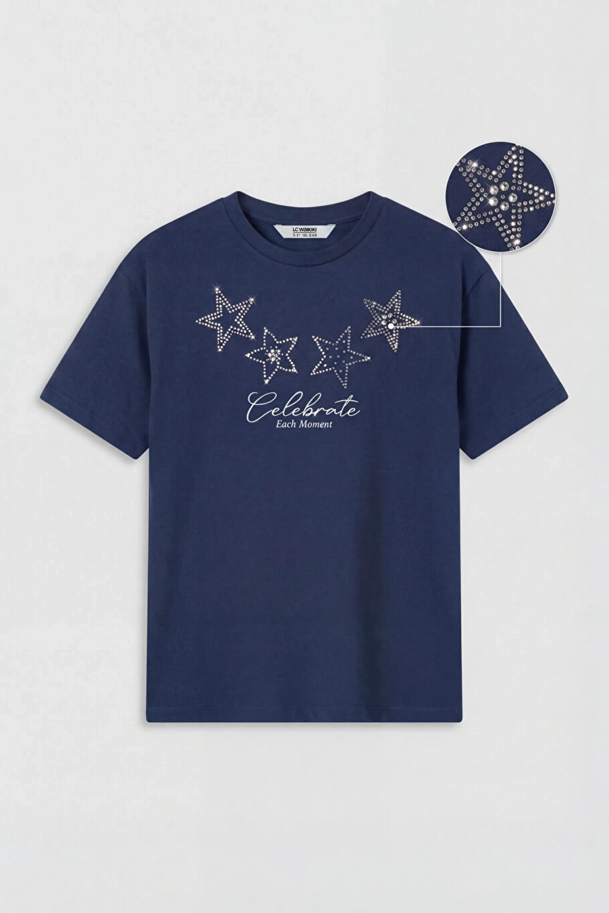 LCW Kids Lacivert Bisiklet Yaka Taş Baskılı Kız Çocuk Tişört